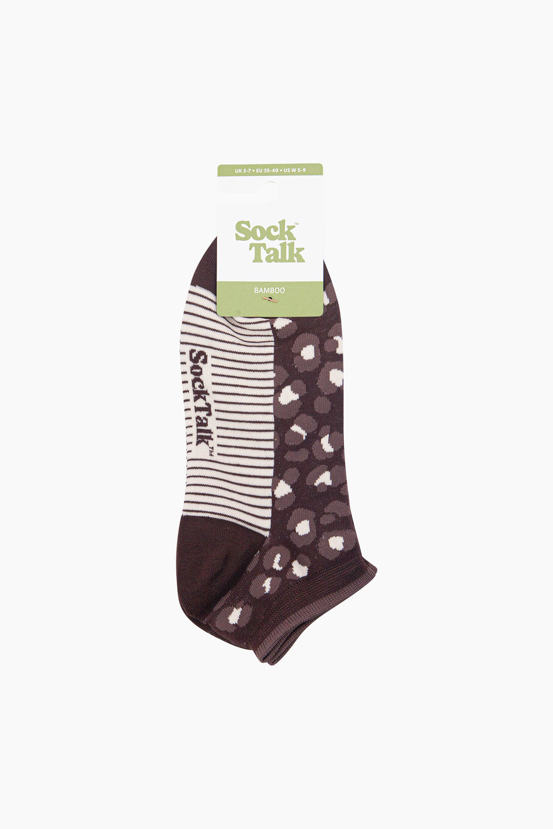 Leopard-Print-Women's-Bamboo-Trainer-Socks-in-Brown-In-Packaging