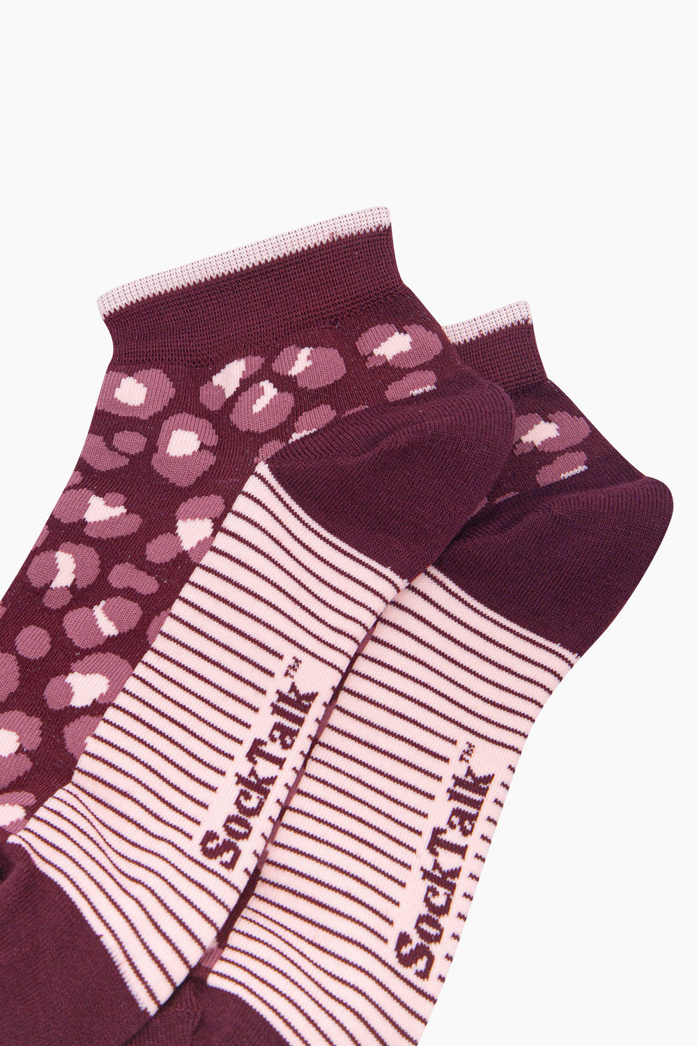 Leopard-Print-Women's-Bamboo-Trainer-Socks-in-Burgundy-Close-Up