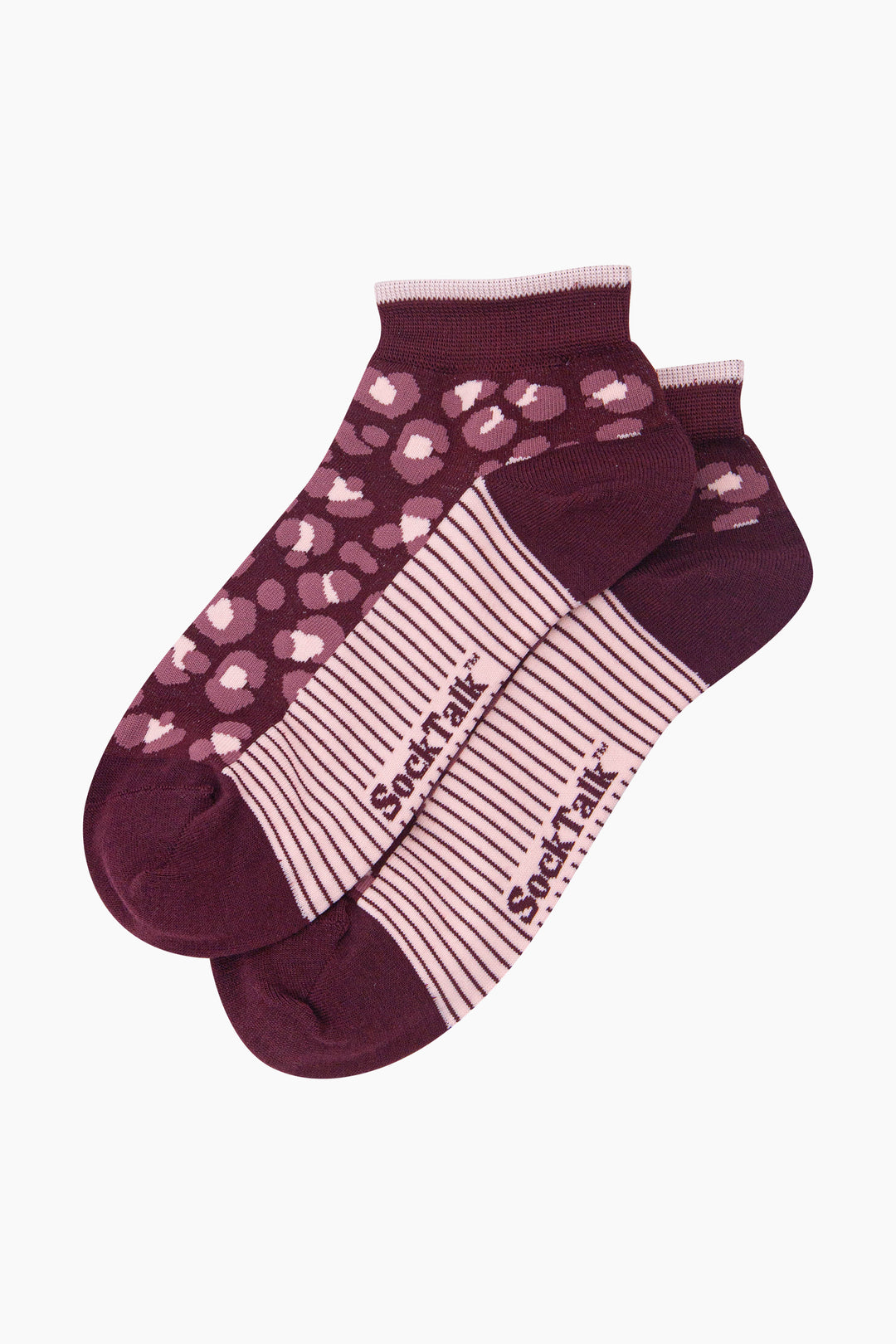 Leopard-Print-Women's-Bamboo-Trainer-Socks-in-Burgundy-Laid-Flat