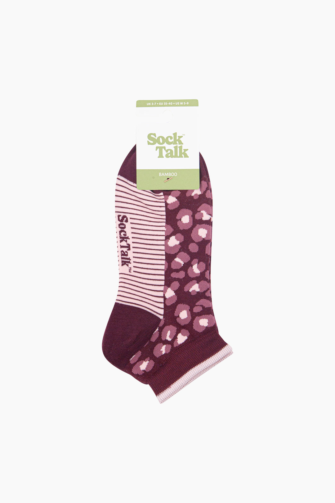 Leopard-Print-Women's-Bamboo-Trainer-Socks-in-Burgundy-In-Packaging