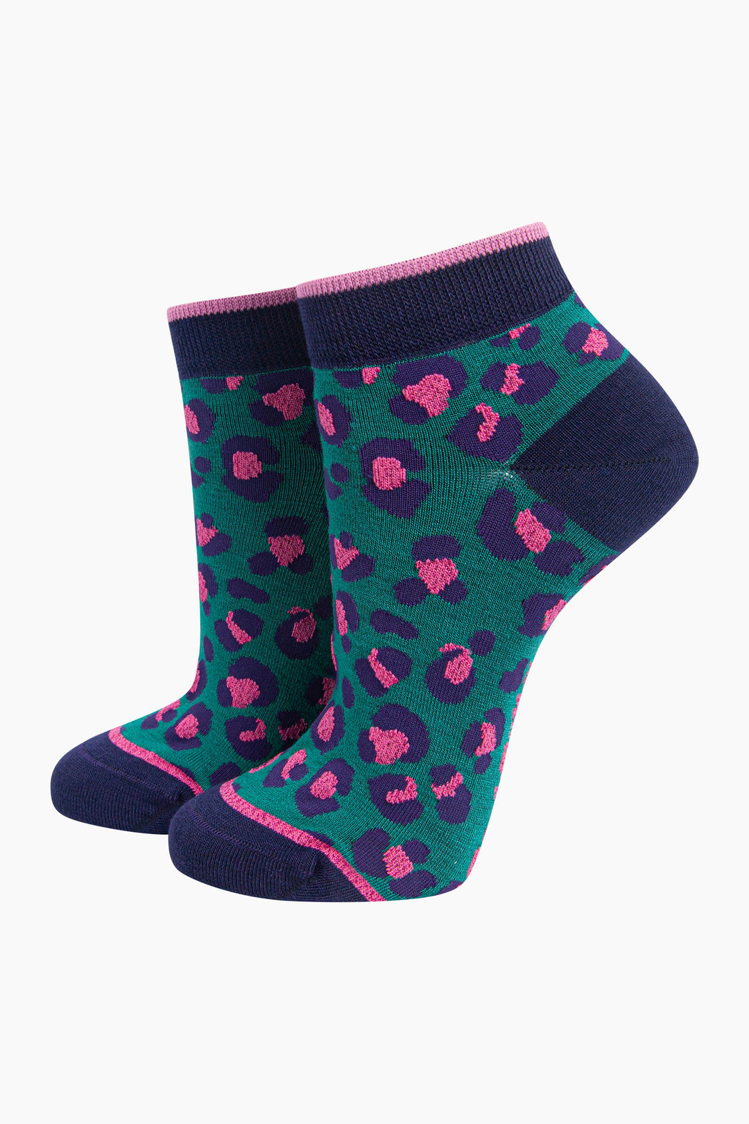 Leopard-Print-Women's-Bamboo-Trainer-Socks-in-Forest-Green-On-Mannequin