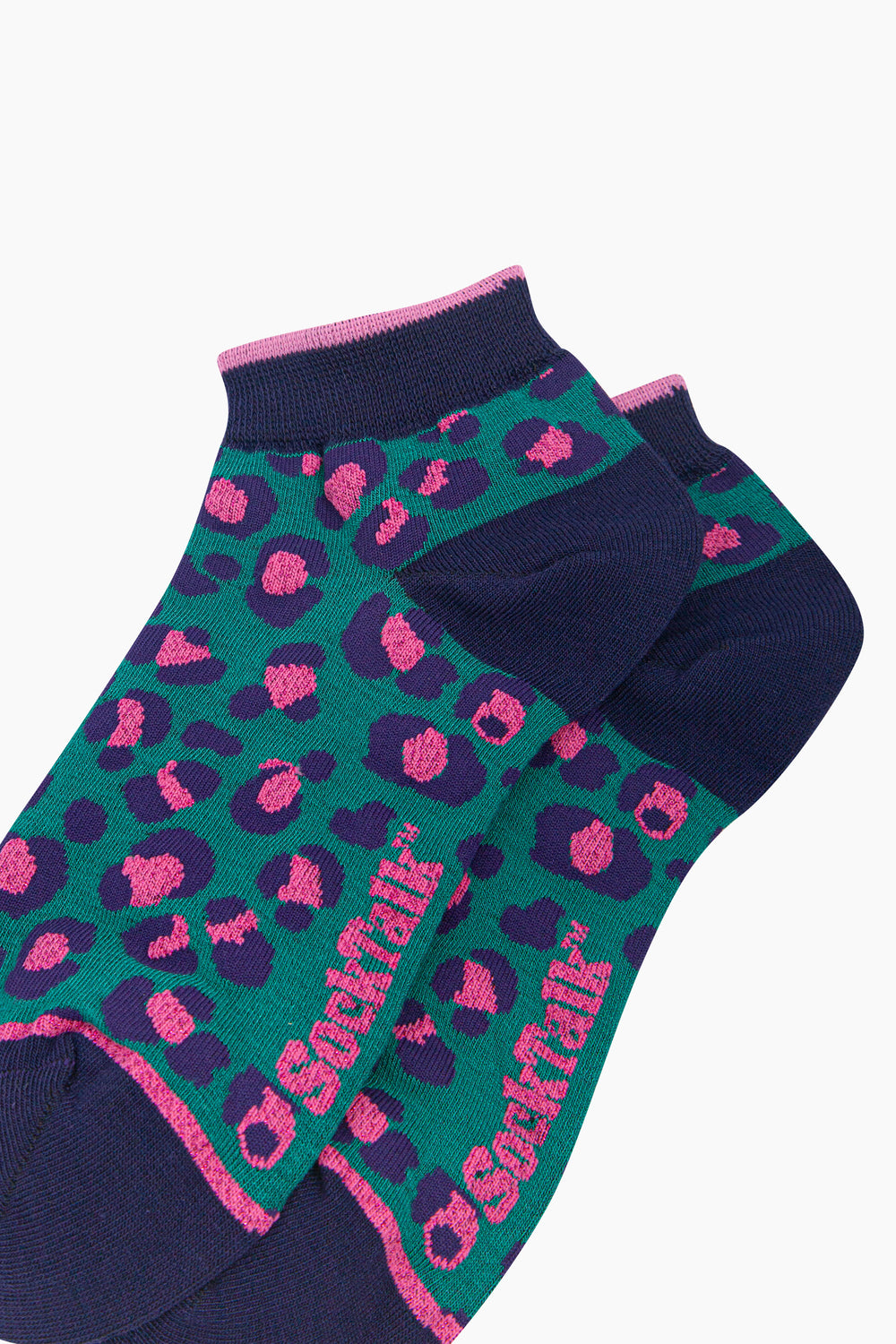 Leopard-Print-Women's-Bamboo-Trainer-Socks-in-Forest-Green-Close-Up