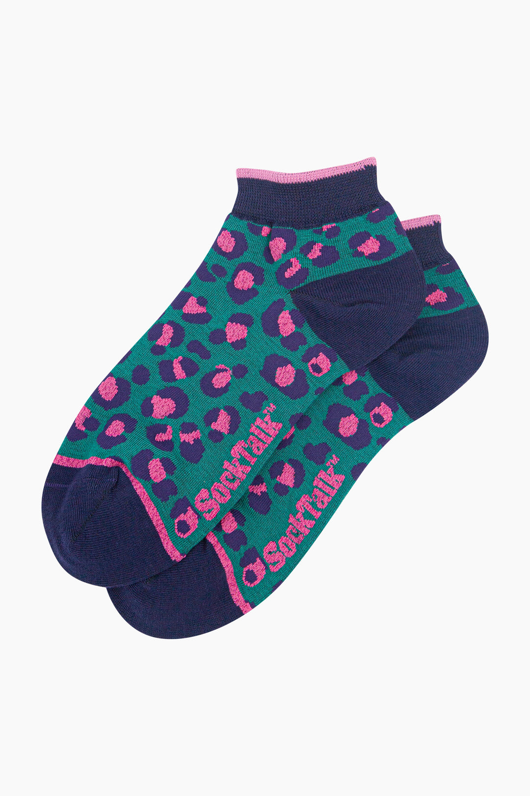 Leopard-Print-Women's-Bamboo-Trainer-Socks-in-Forest-Green-Laid-Flat