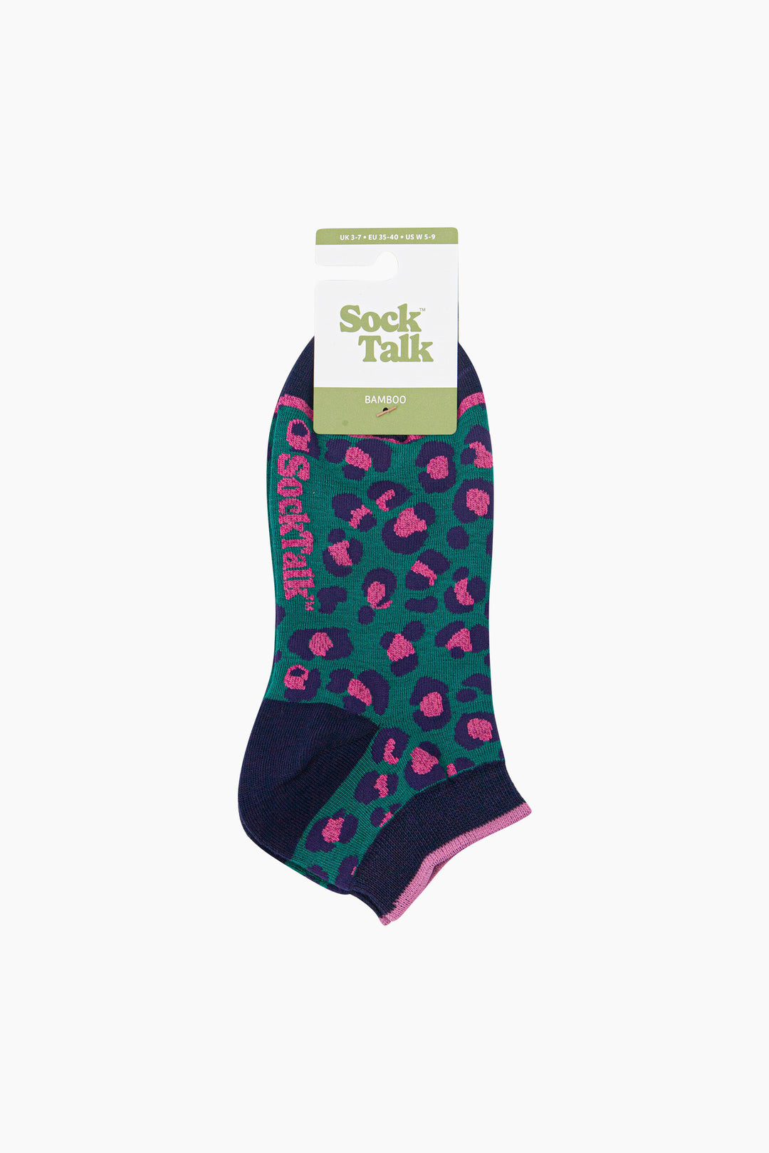 Leopard-Print-Women's-Bamboo-Trainer-Socks-in-Forest-Green-In-Packaging