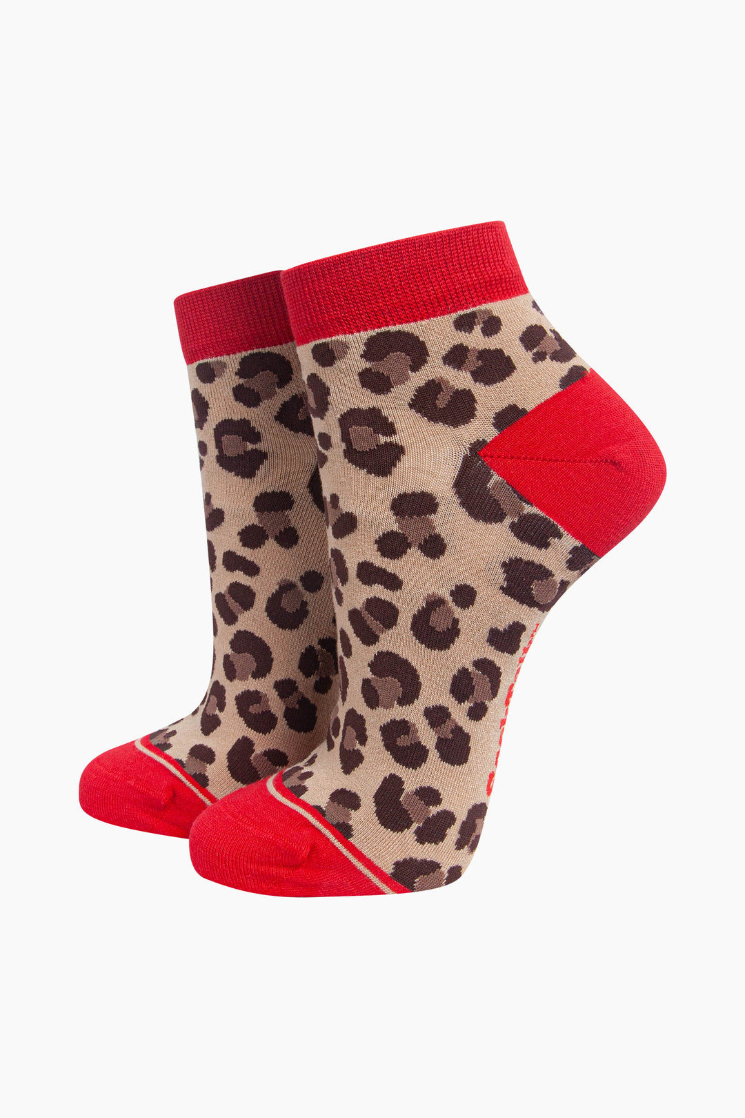 Leopard-Print-Women's-Bamboo-Trainer-Socks-in-Beige/Red-On-Mannequin