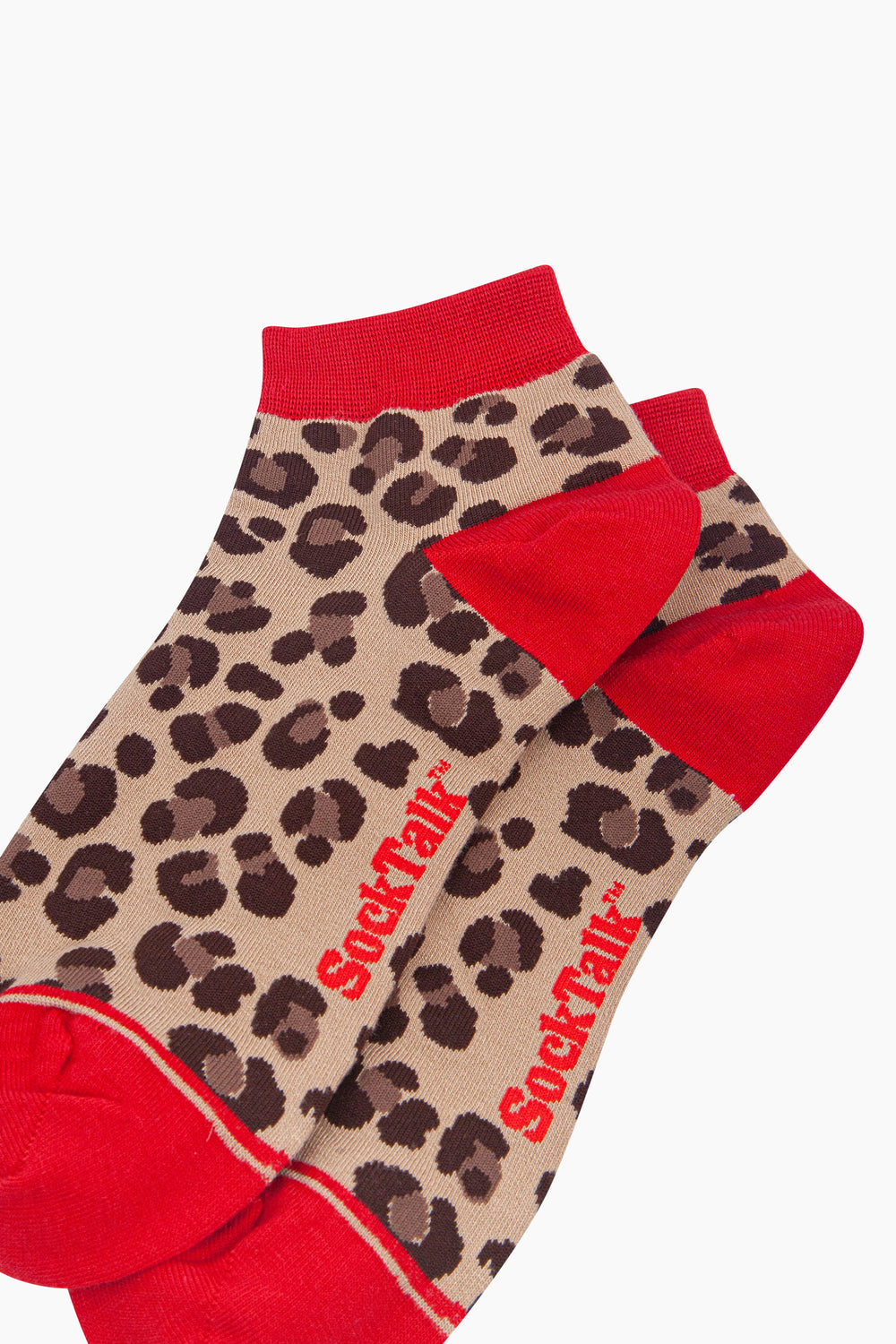 Leopard-Print-Women's-Bamboo-Trainer-Socks-in-Beige/Red-Close-Up