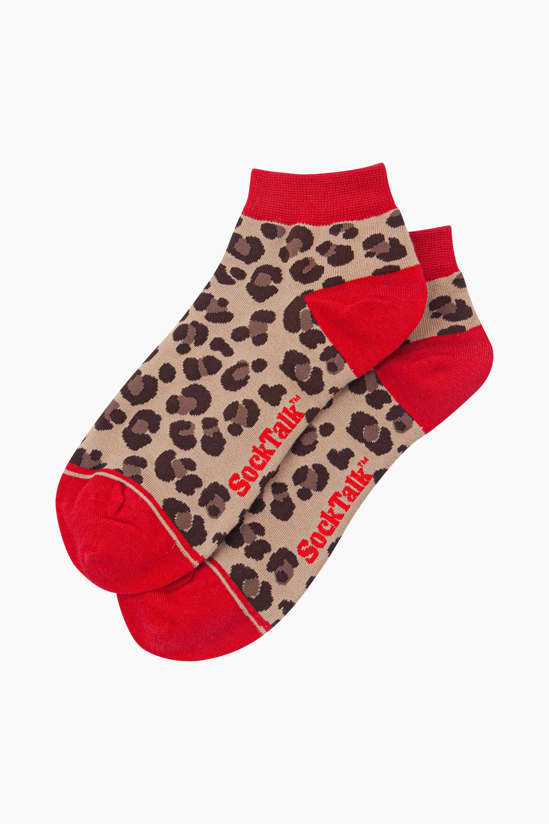Leopard-Print-Women's-Bamboo-Trainer-Socks-in-Beige/Red-Laid-Flat