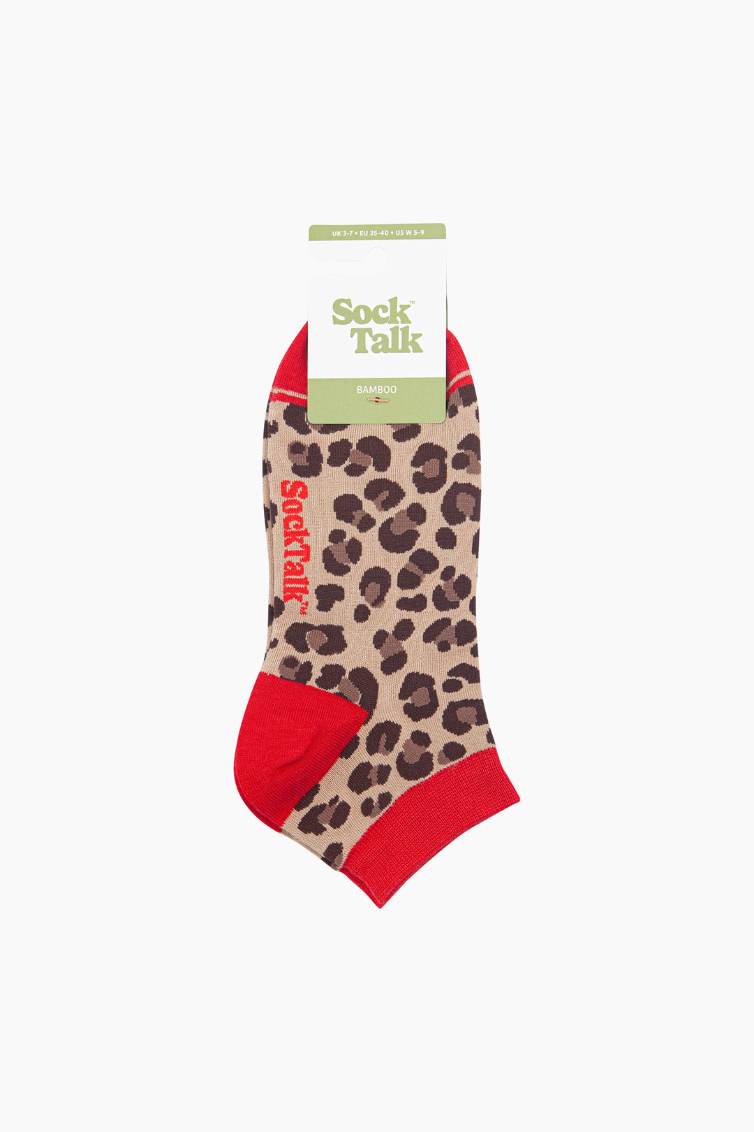 Leopard-Print-Women's-Bamboo-Trainer-Socks-in-Beige/Red-In-Packaging