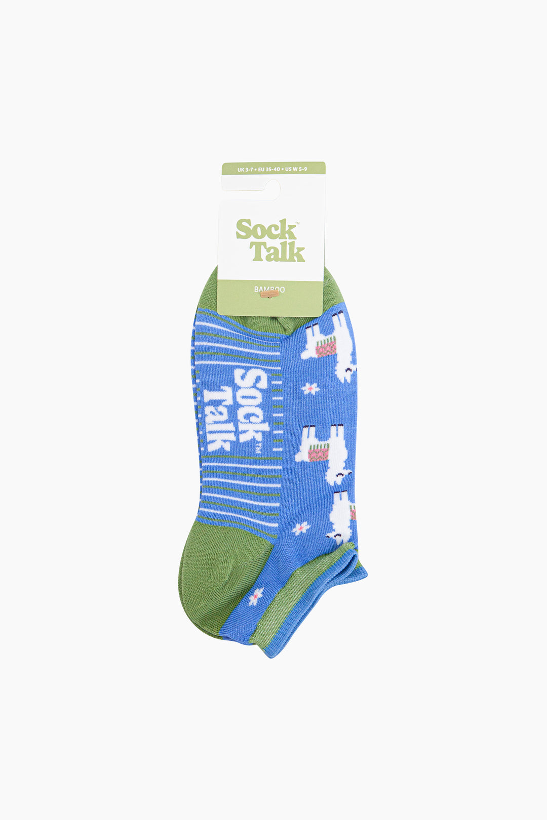 Llama-Floral-Bamboo-Trainer-Socks-in-Blue-In-Packaging