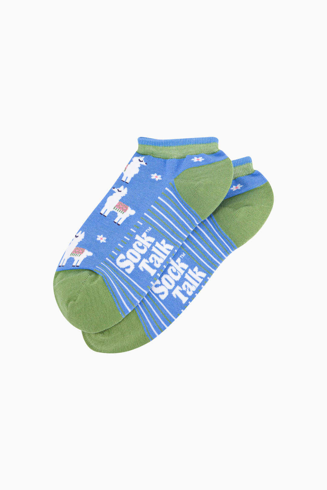 Llama-Floral-Bamboo-Trainer-Socks-in-Blue-Lying-Flat