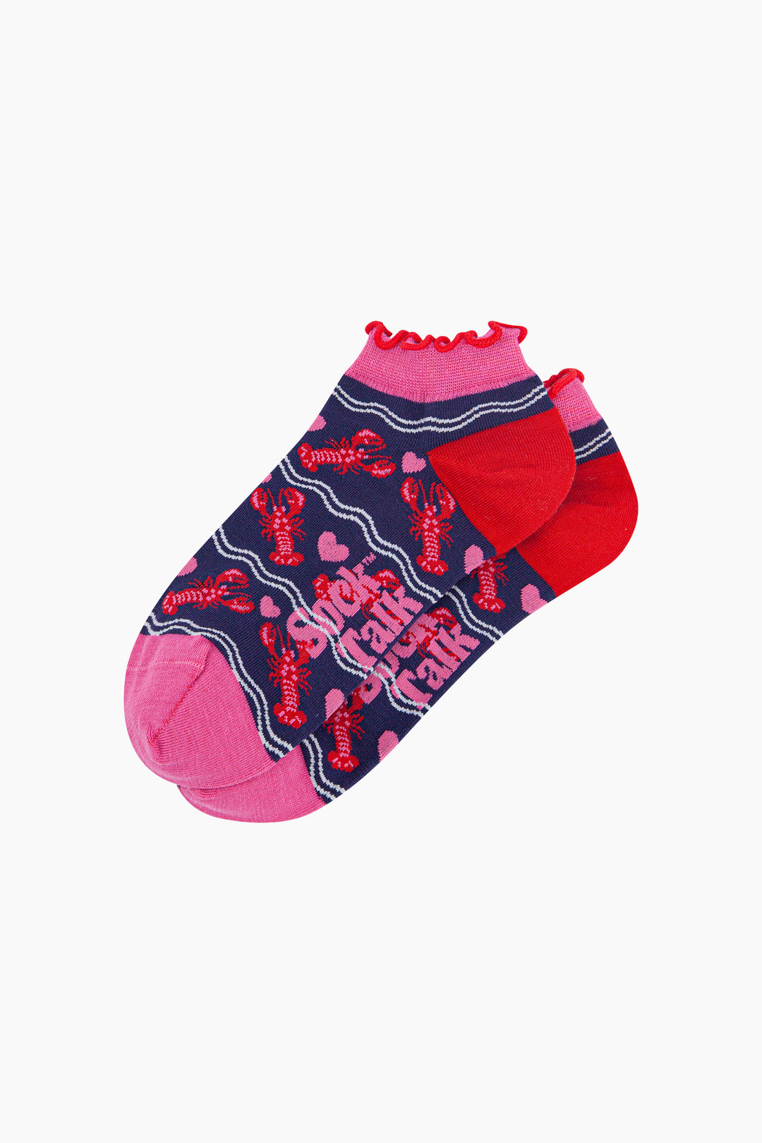 Lobsters-in-Love-Bamboo-Trainer-Socks-in-Navy-Blue-Laid-Flat