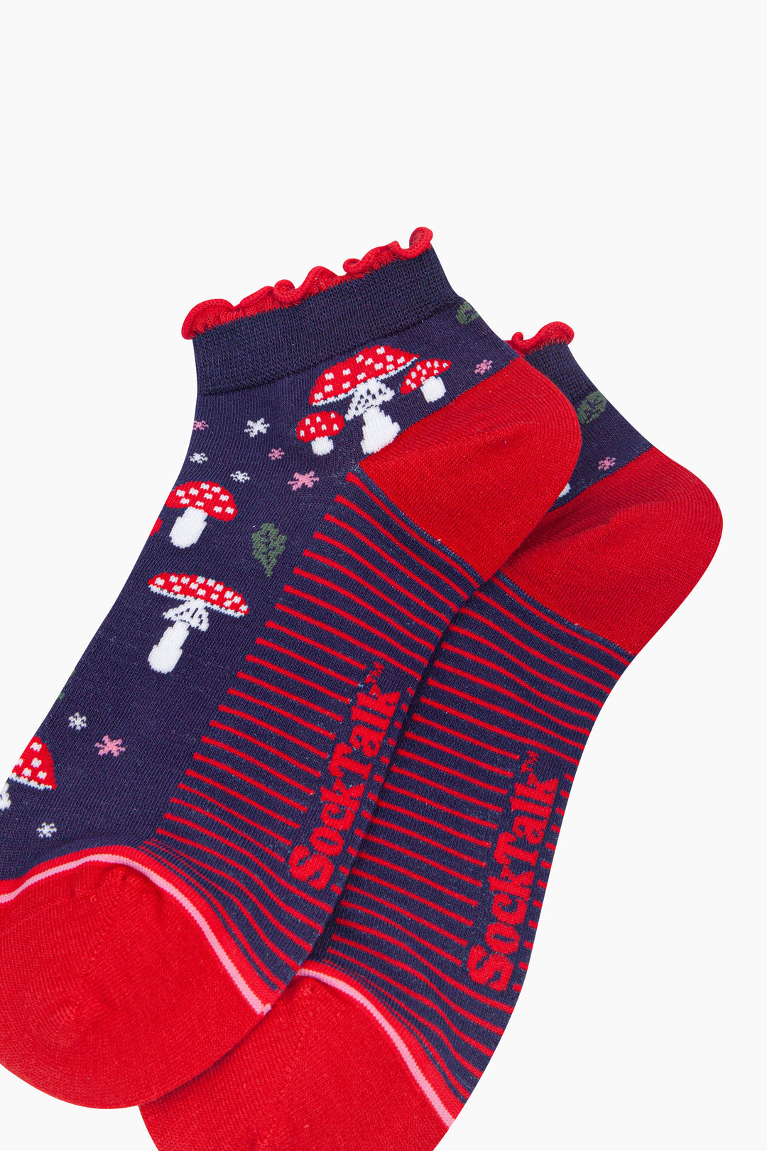 Toadstools-Women's-Bamboo-Trainer-Socks-in-Navy-Blue-Close-Up