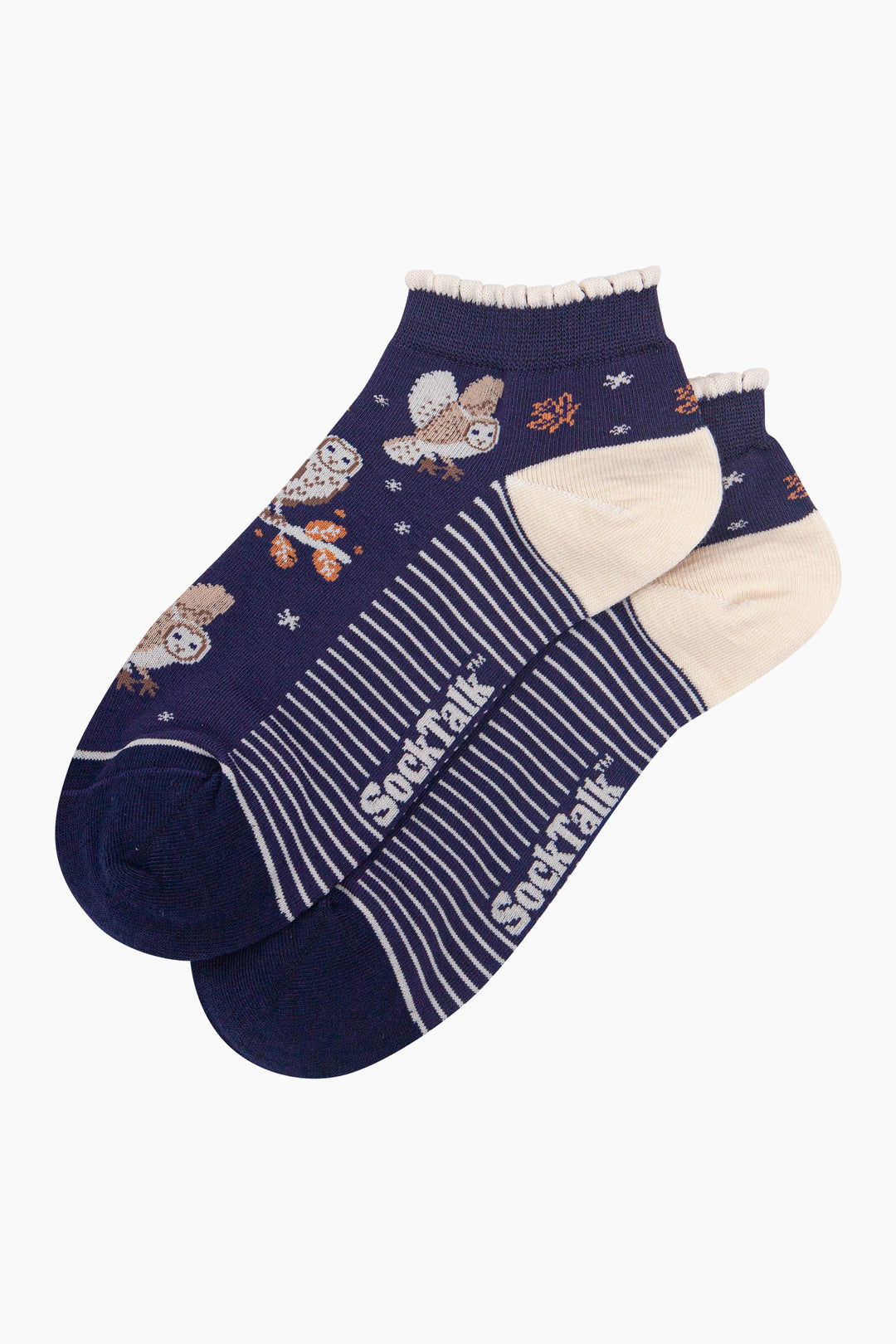 Barn-Owl-Women's-Bamboo-Trainer-Socks-in-Navy-Blue-Laid-Flat