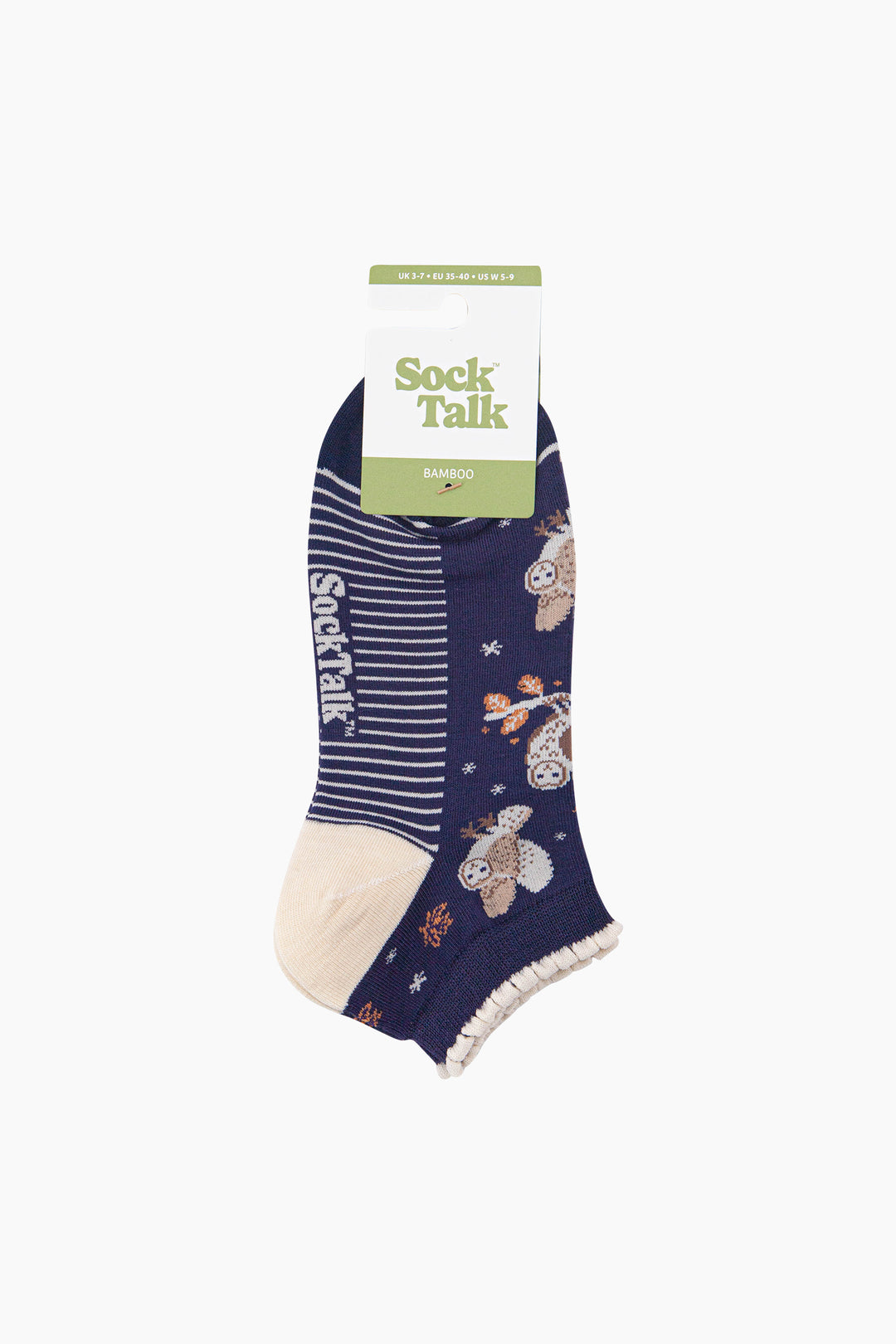 Barn-Owl-Women's-Bamboo-Trainer-Socks-in-Navy-Blue-In-Packaging