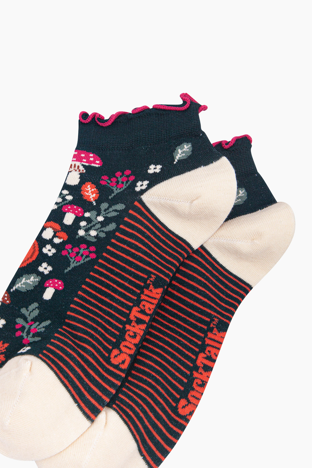 Pumpkin-Floral-Women's-Bamboo-Trainer-Socks-in-Dark-Green-Close-Up