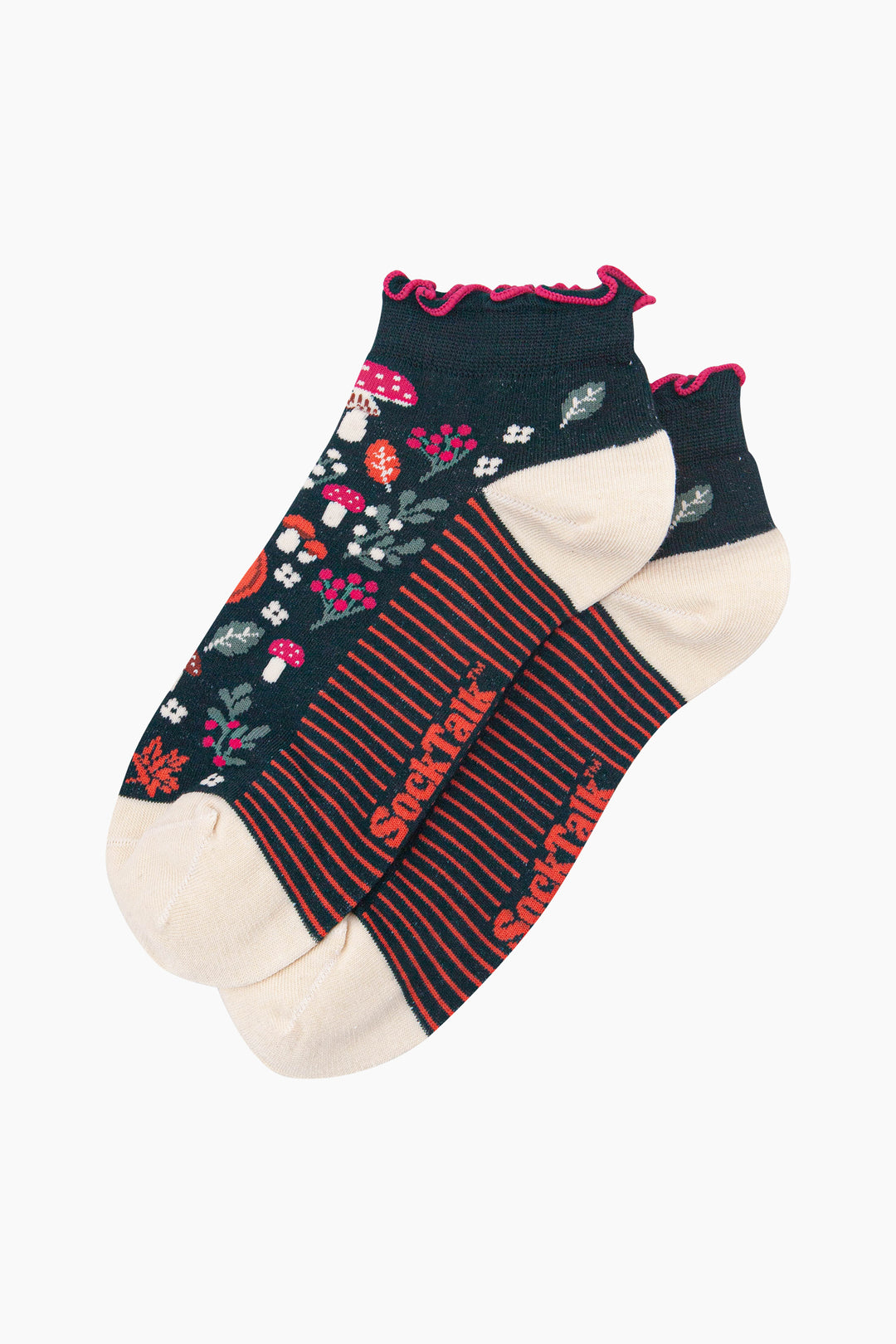 Pumpkin-Floral-Women's-Bamboo-Trainer-Socks-in-Dark-Green-Laid-Flat