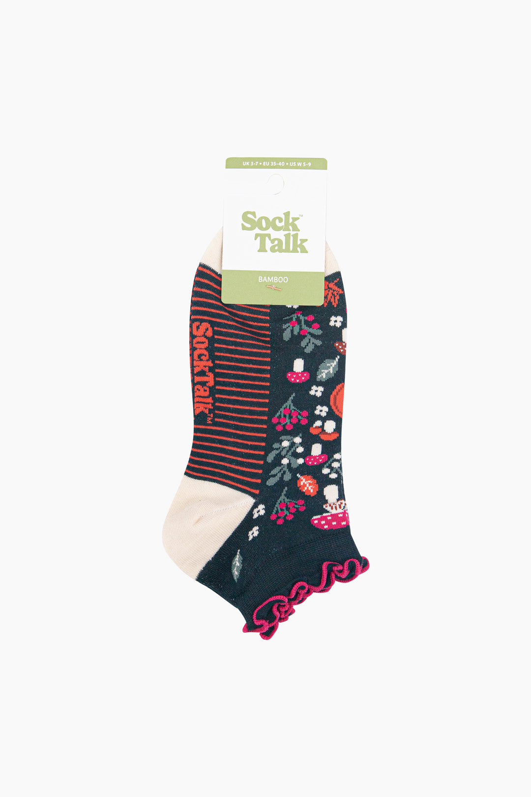 Pumpkin-Floral-Women's-Bamboo-Trainer-Socks-in-Dark-Green-In-Packaging