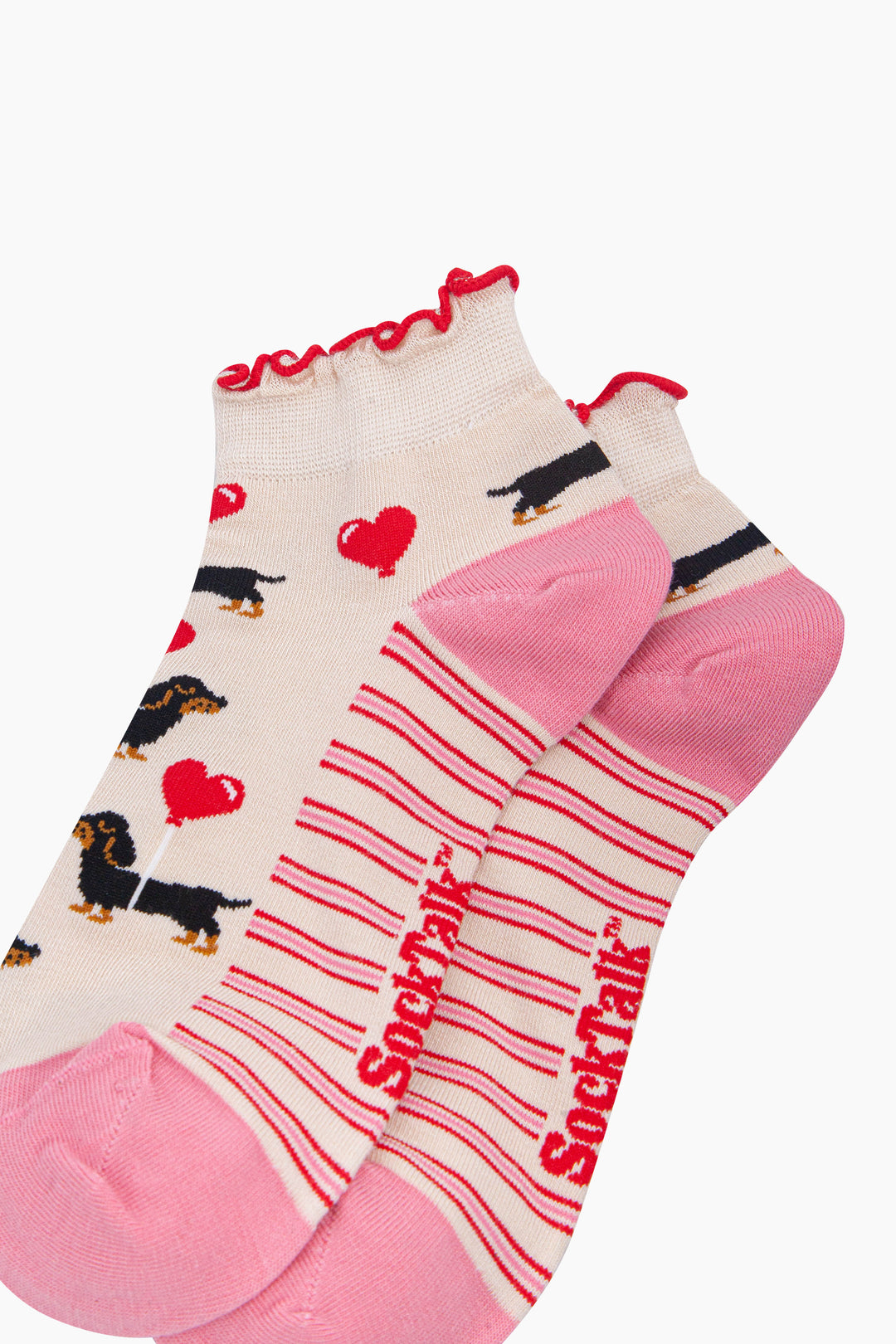 Sausage-Dog-&-Heart-Balloon-Women's-Bamboo-Trainer-Socks-in-Cream-Close-Up