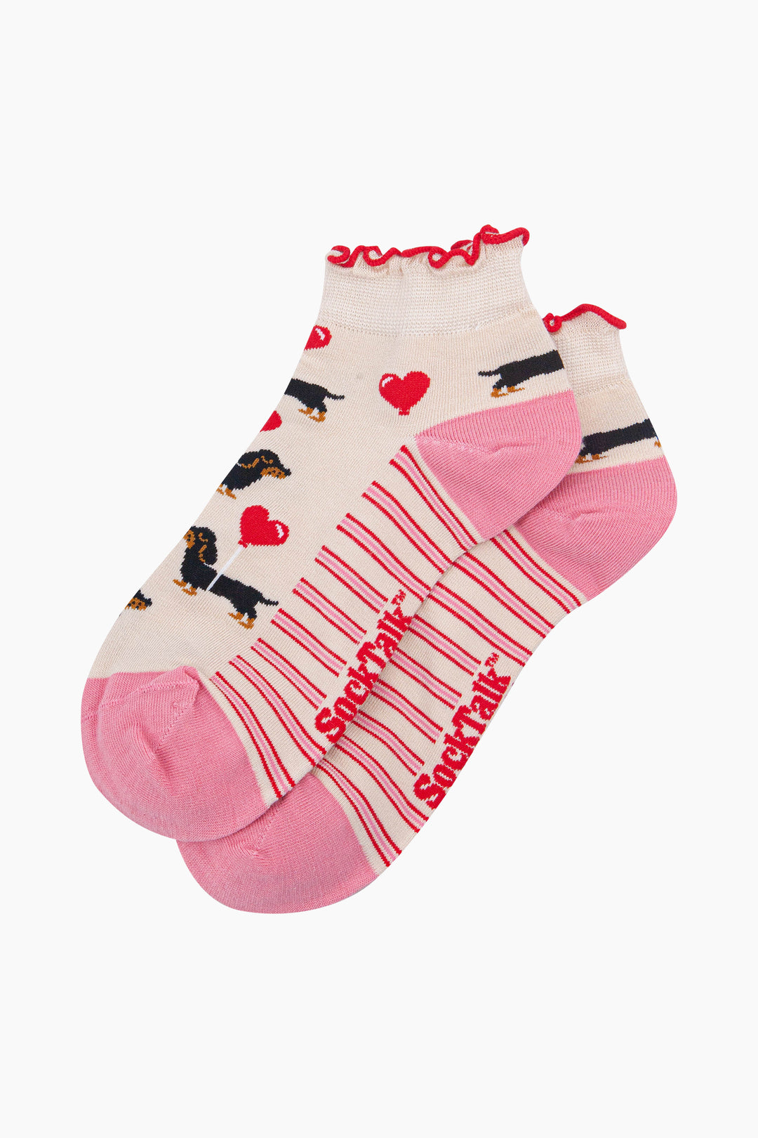 Sausage-Dog-&-Heart-Balloon-Women's-Bamboo-Trainer-Socks-in-Cream-Laid-Flat
