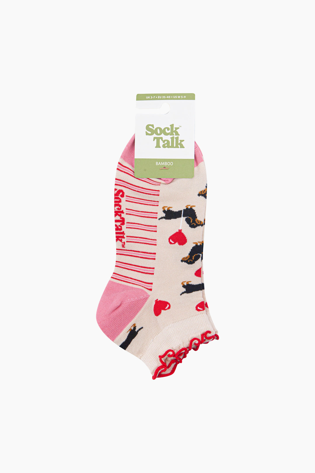 Sausage-Dog-&-Heart-Balloon-Women's-Bamboo-Trainer-Socks-in-Cream-In-Packaging
