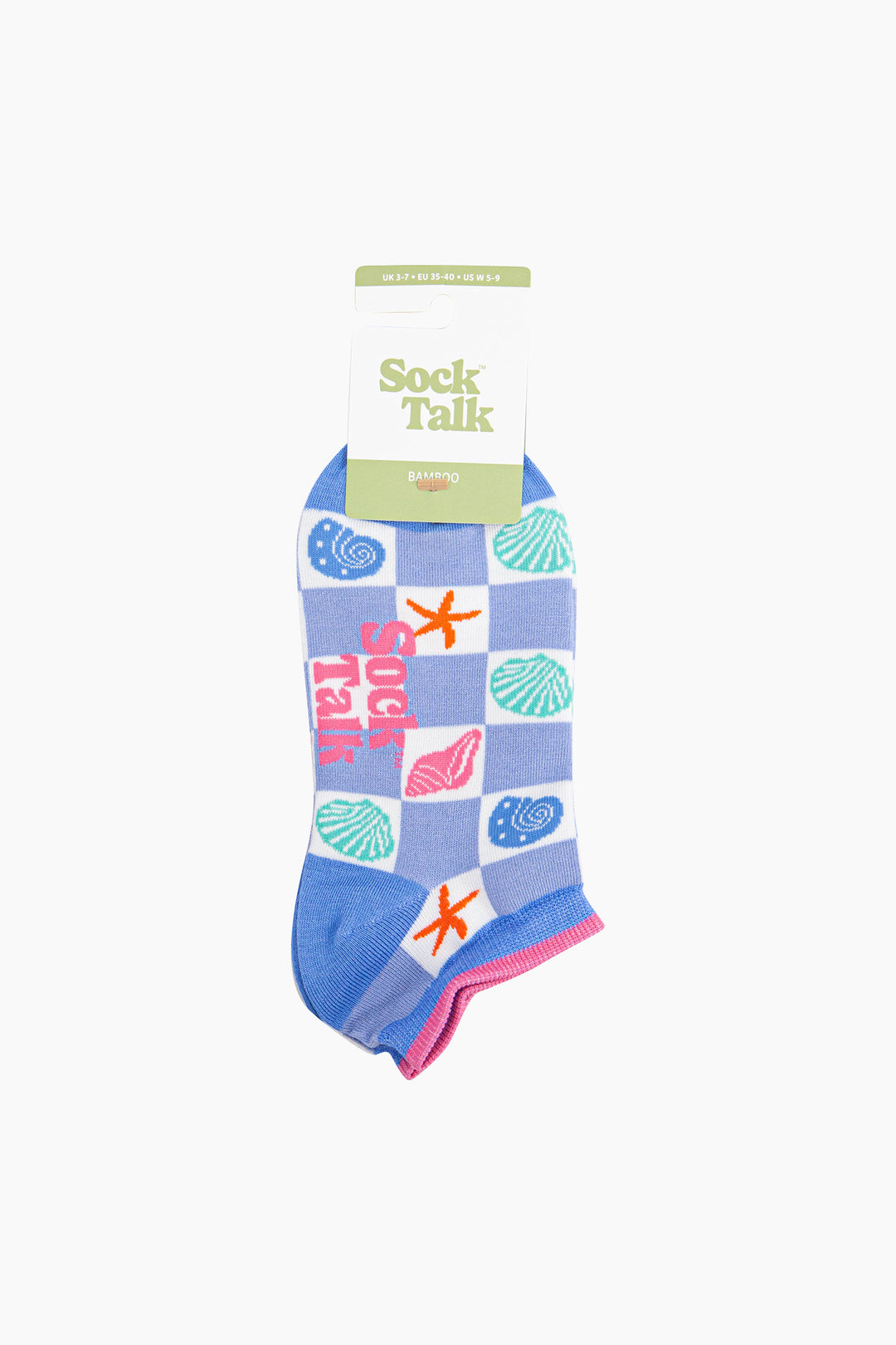 Seashell-Checkerboard-Bamboo-Trainer-Socks-in-Blue-In-Packaging