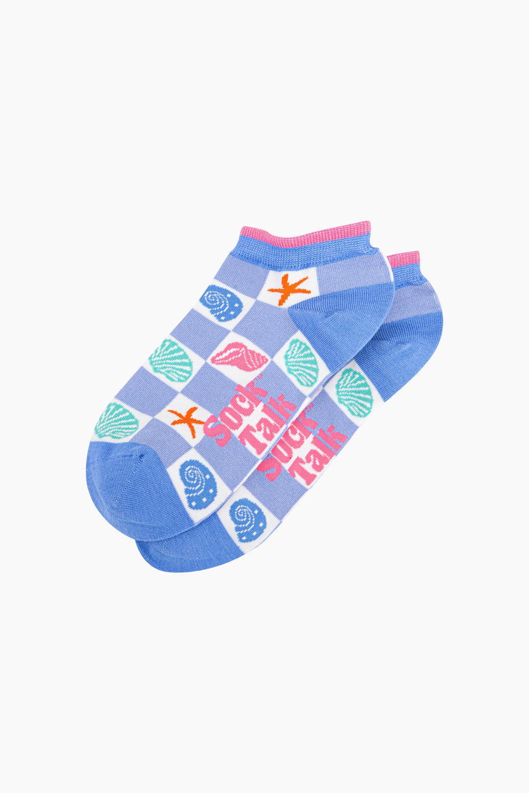 Seashell-Checkerboard-Bamboo-Trainer-Socks-in-Blue-Lying-Flat