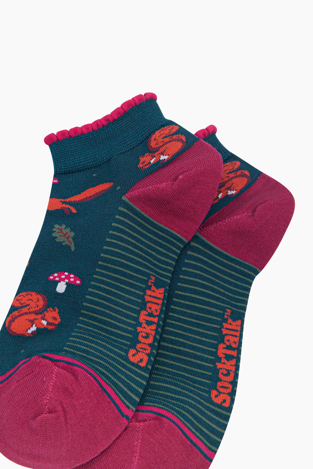 Squirrel-Women's-Bamboo-Trainer-Socks-in-Forest-Green-Close-Up