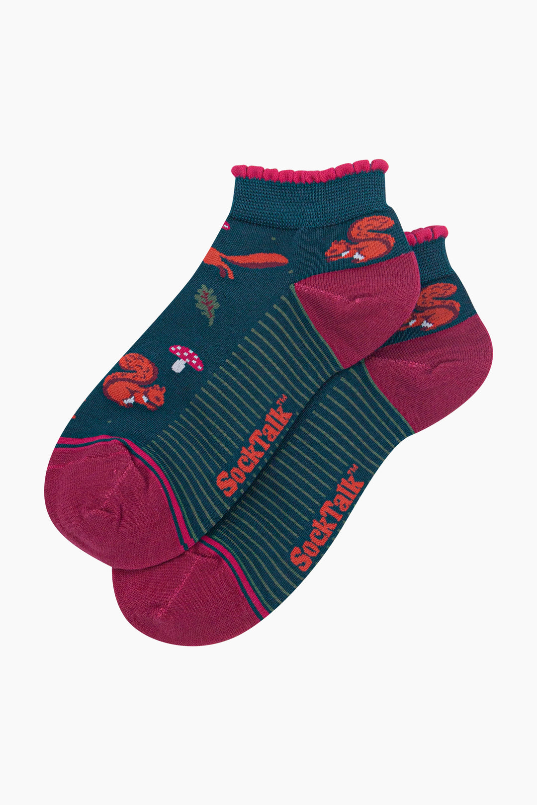 Squirrel-Women's-Bamboo-Trainer-Socks-in-Forest-Green-Laid-Flat