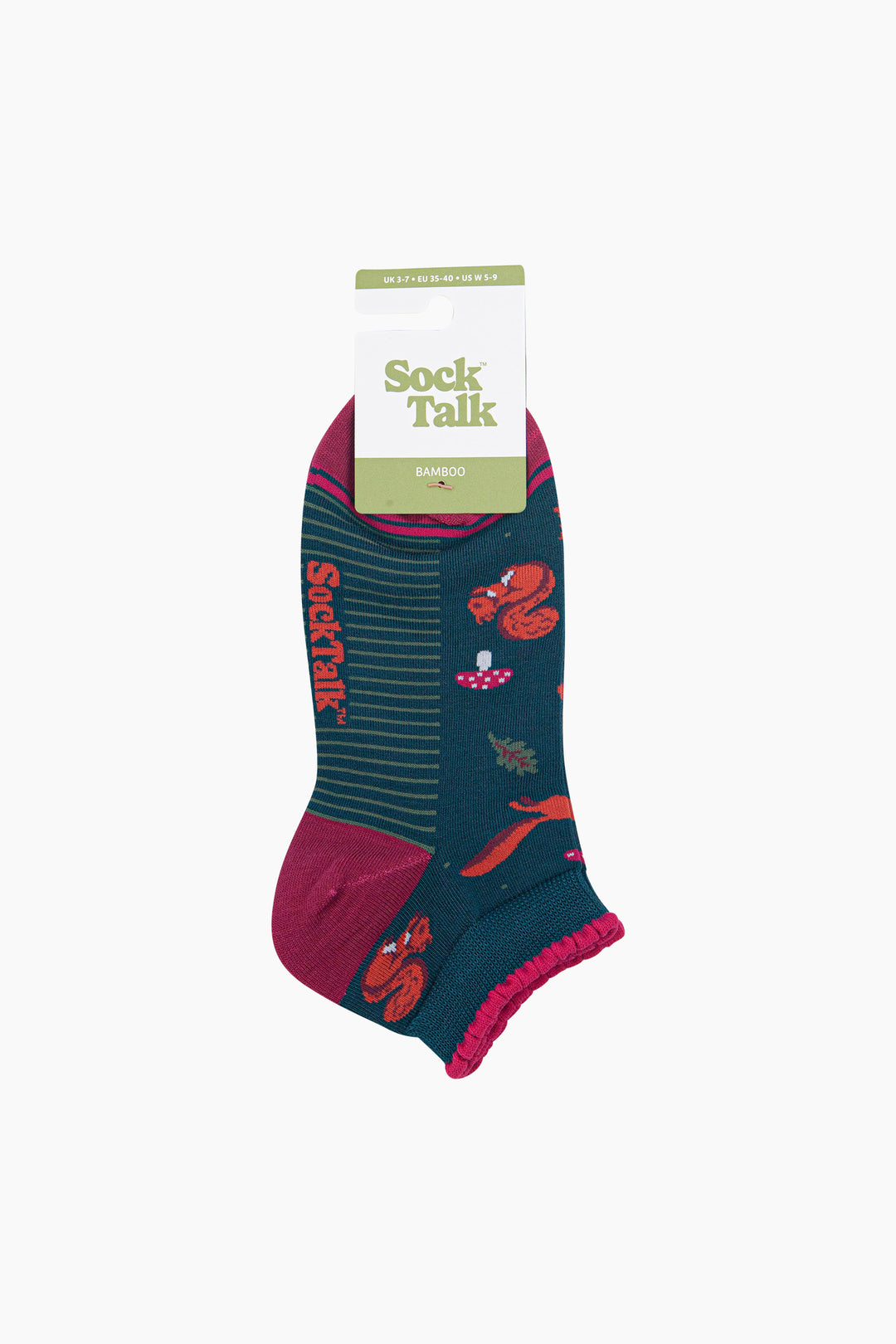 Squirrel-Women's-Bamboo-Trainer-Socks-in-Forest-Green-In-Packaging