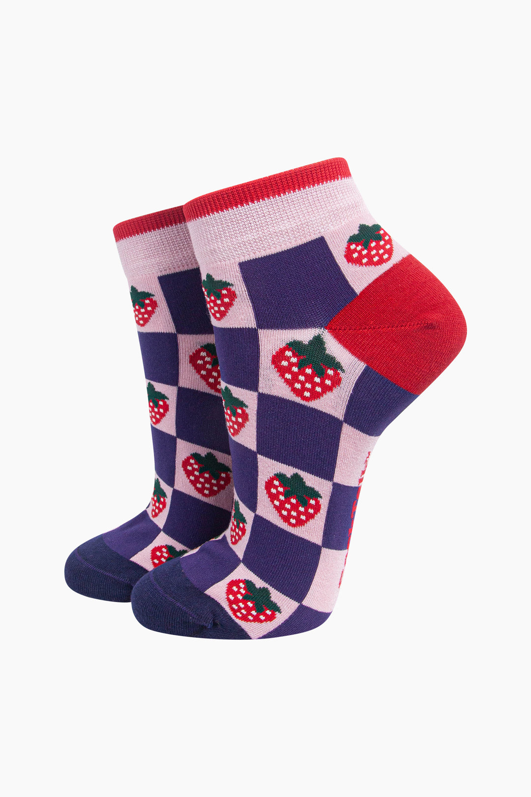Strawberry-Squares-Women's-Bamboo-Socks-in-Pink/Navy-Blue-On-Mannequin