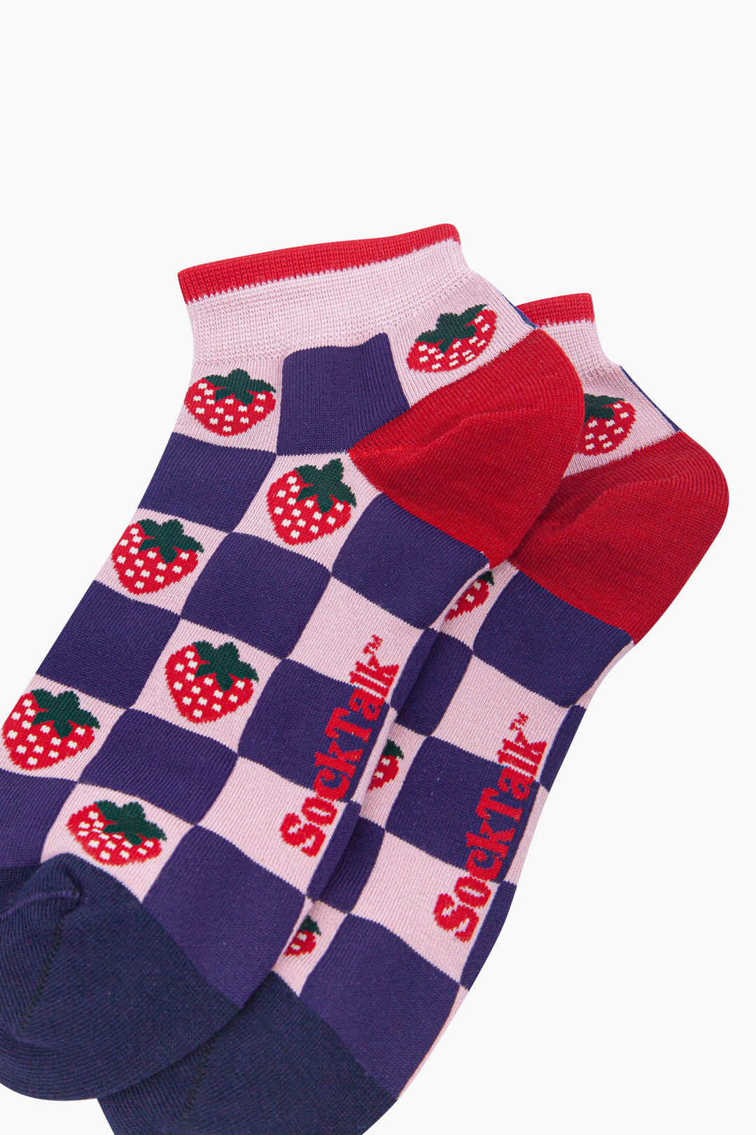 Strawberry-Squares-Women's-Bamboo-Socks-in-Pink/Navy-Blue-Laid-Flat