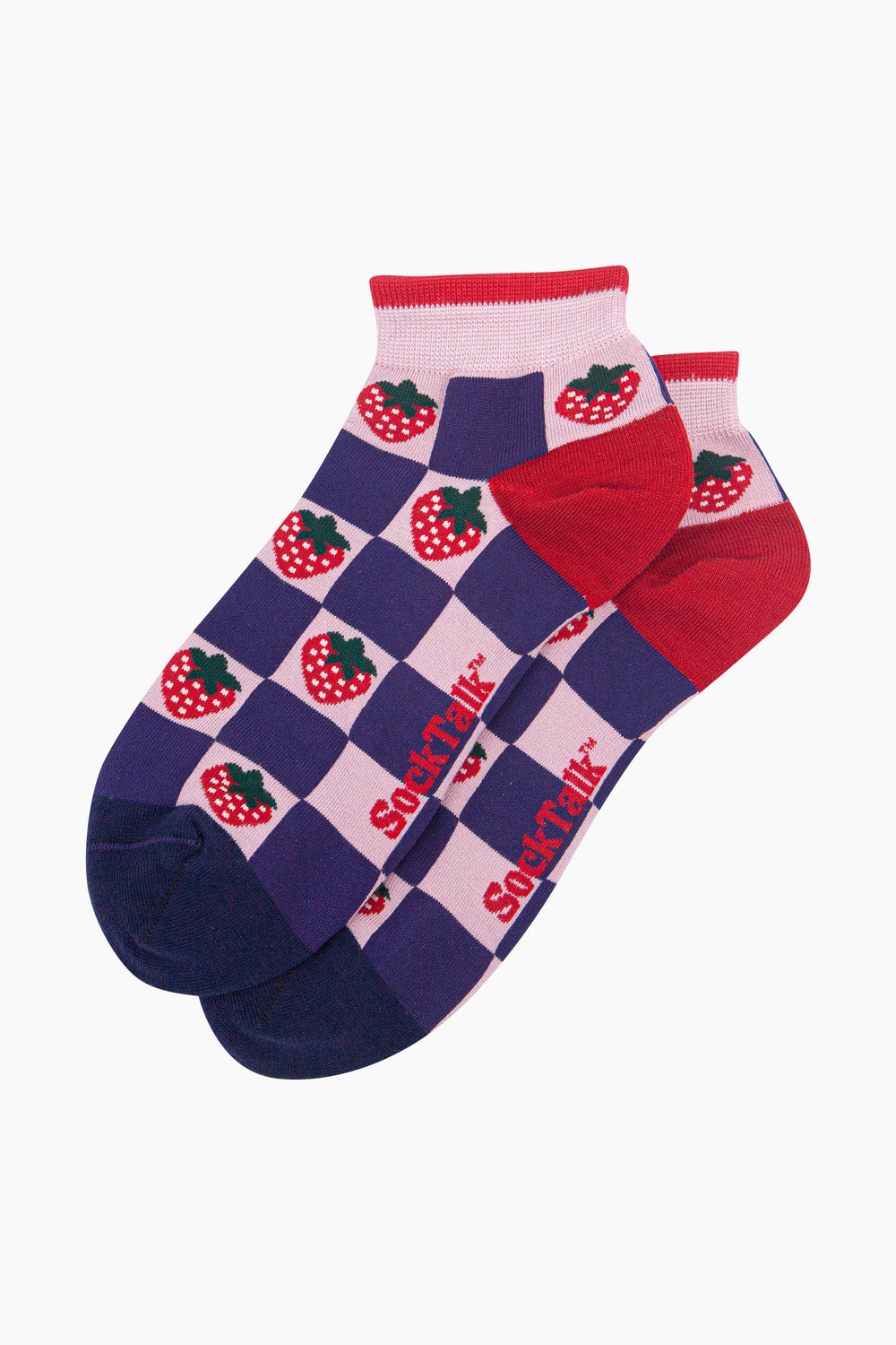 Strawberry-Squares-Women's-Bamboo-Socks-in-Pink/Navy-Blue-Laid-Flat