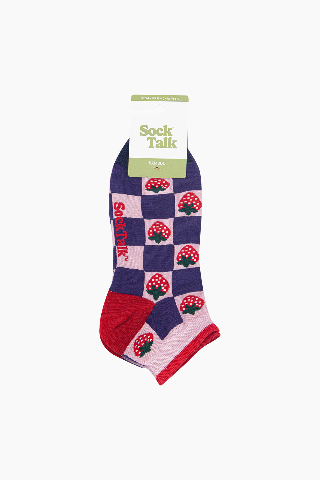 Strawberry-Squares-Women's-Bamboo-Socks-in-Pink/Navy-Blue-In-Packaging