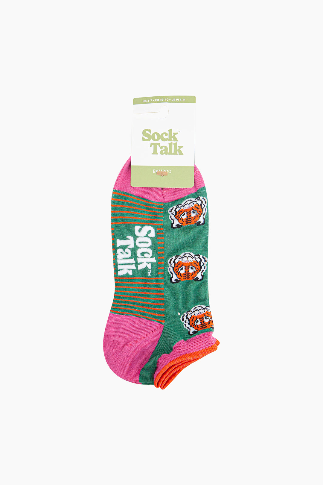 Tiger-Faces-Bamboo-Trainer-Socks-in-Green-In-Packaging