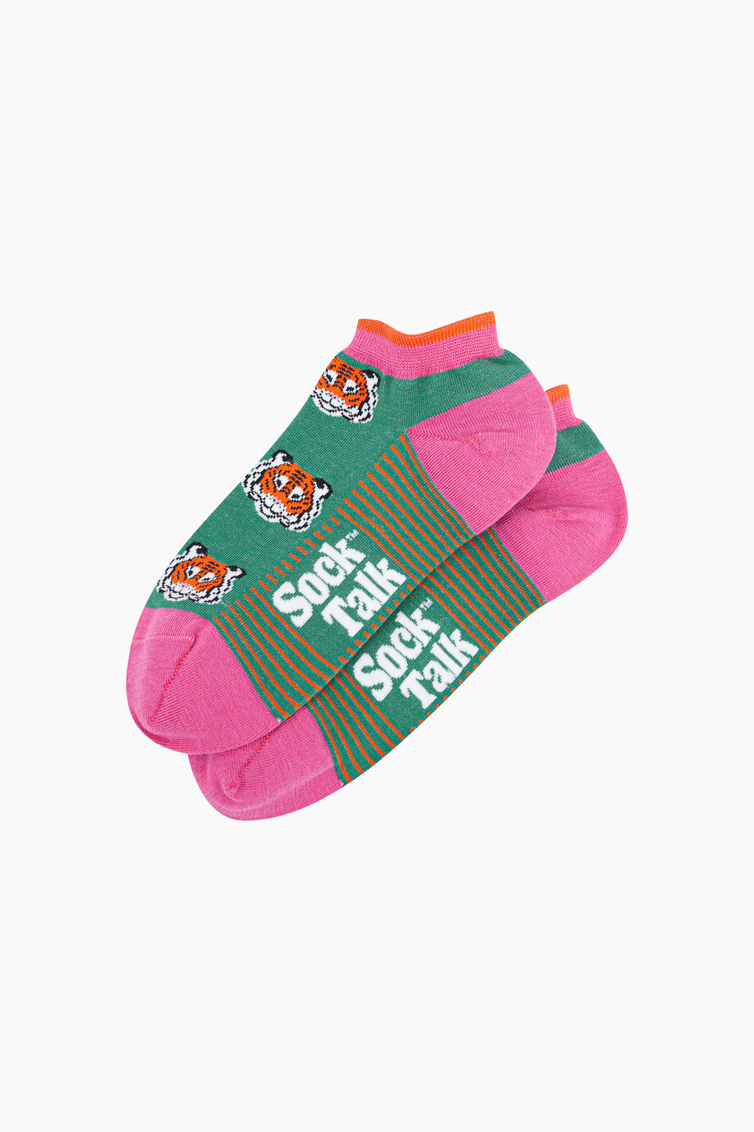 Tiger-Faces-Bamboo-Trainer-Socks-in-Green-Lying-Flat