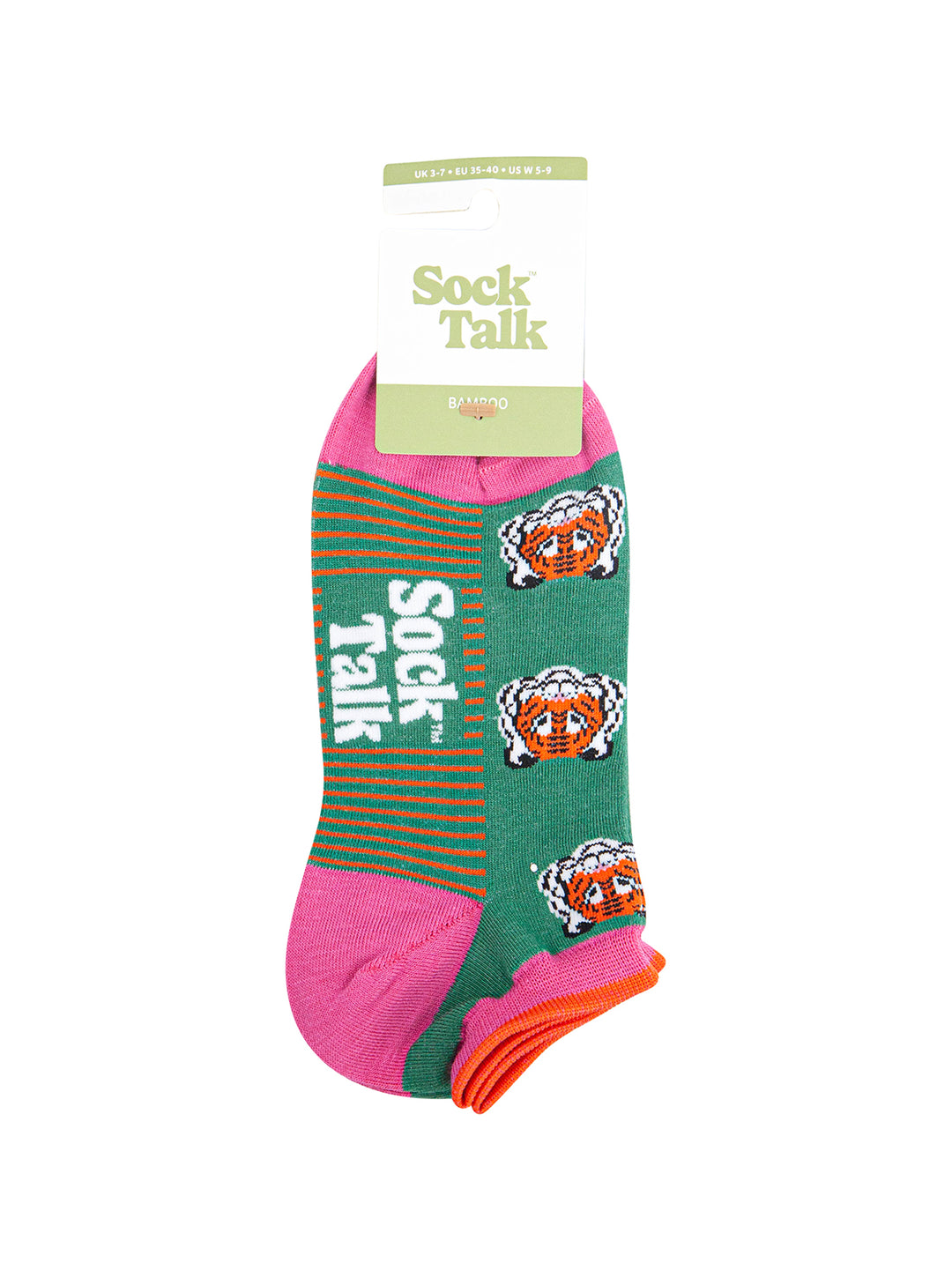 Tiger-Faces-Bamboo-Trainer-Socks-in-Green-In-Packaging