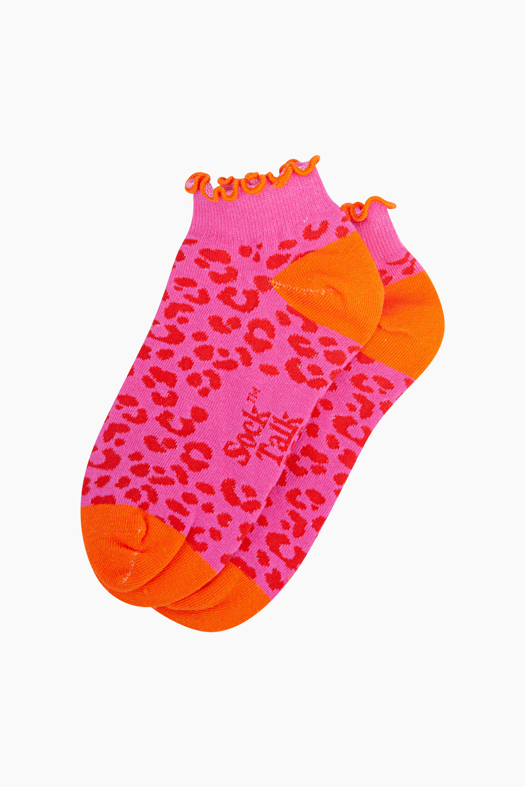 Leopard-Print-Frilled-Cuff-Combed-Cotton-Trainer-Socks-in-Pink-Lying-Flat