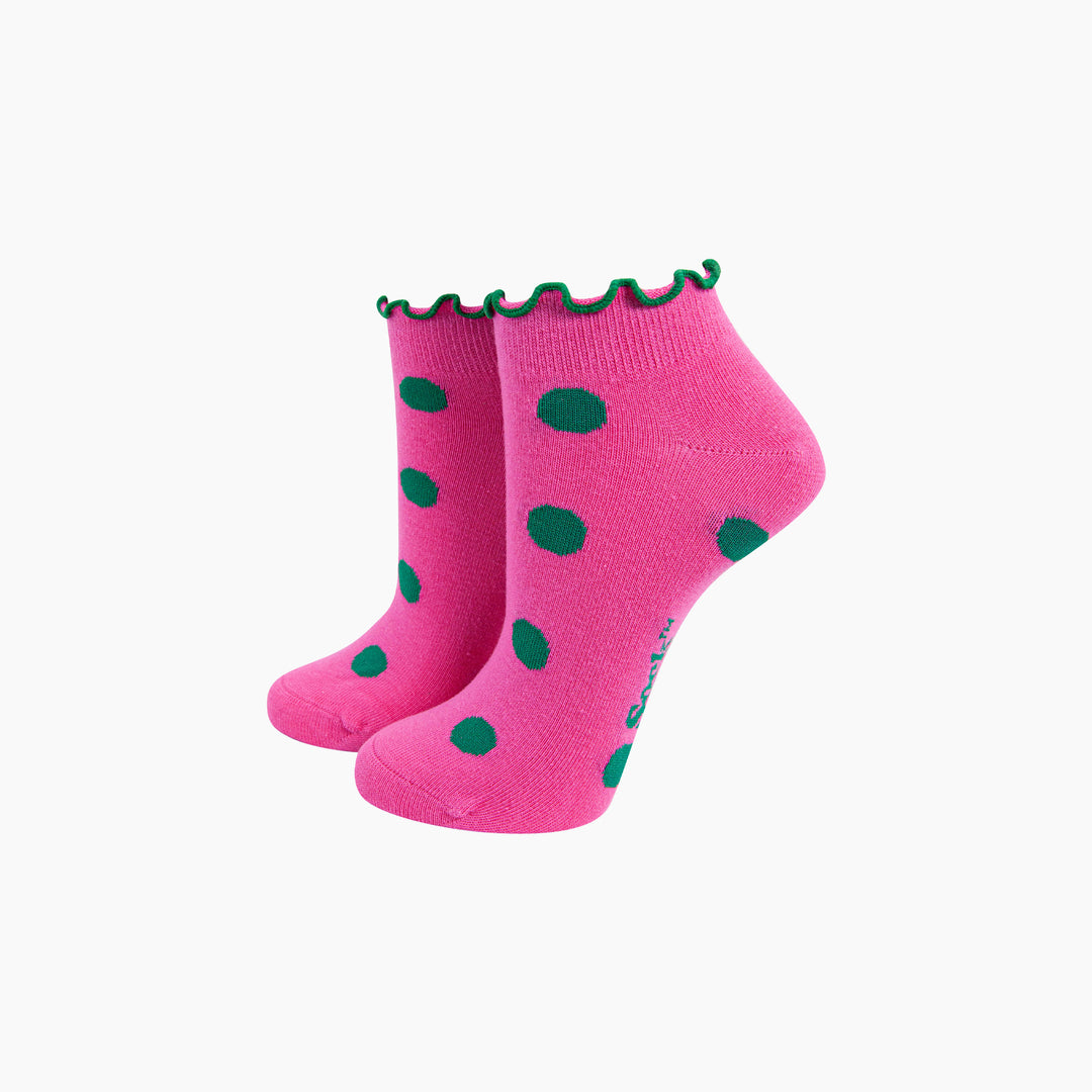 Spotted-Frilled-Cuff-Combed-Cotton-Trainer-Socks-in-Pink-Mannequin