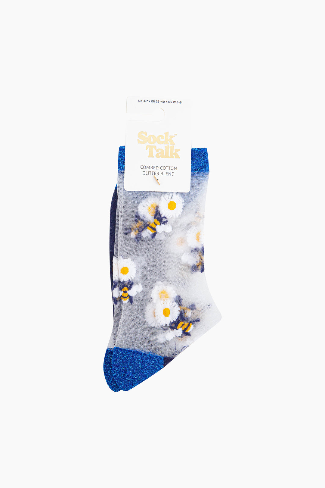 Bees-Flowers-Combed-Cotton-Sheer-Pop-Socks-in-Blue-In-Packaging