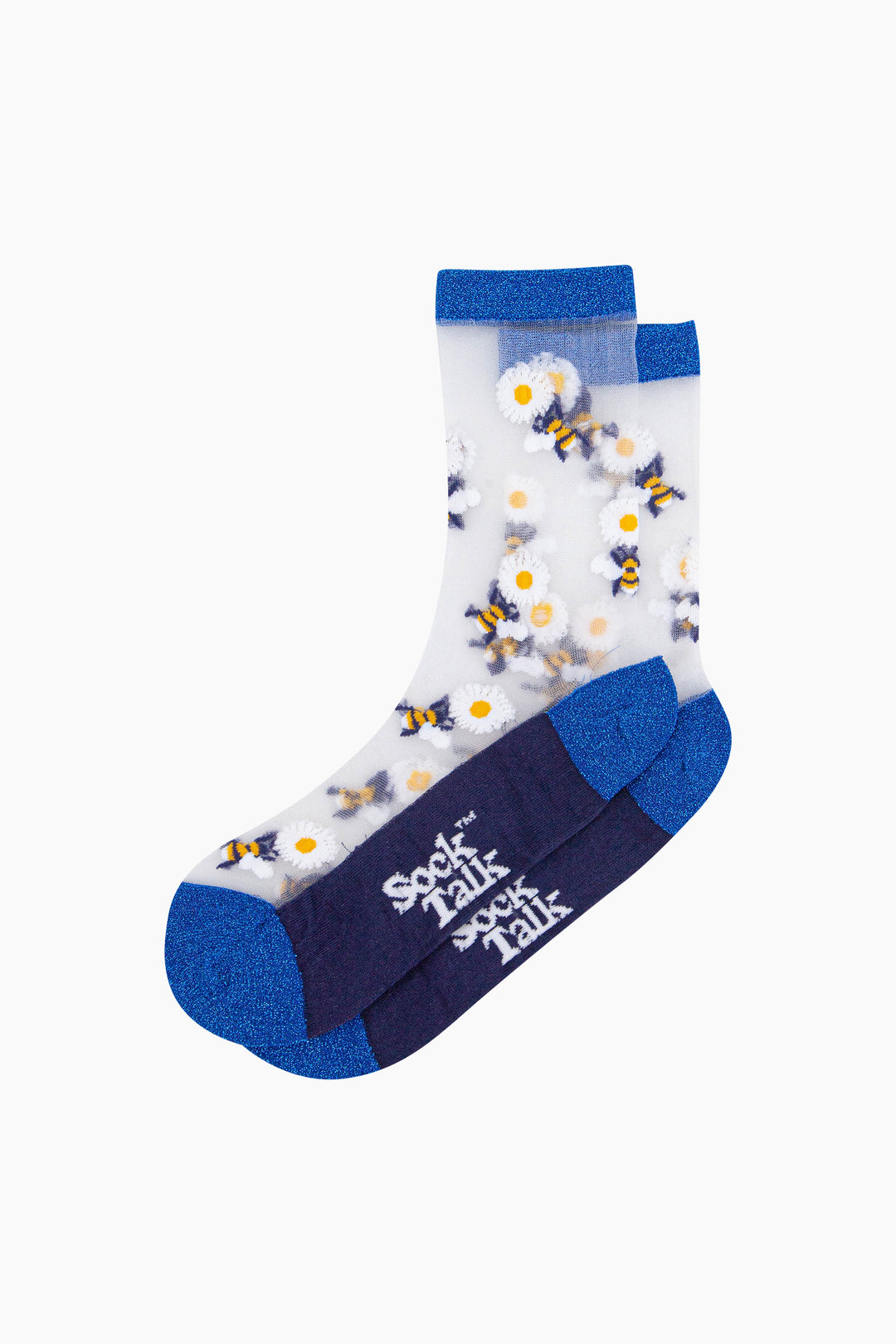Bees-Flowers-Combed-Cotton-Sheer-Pop-Socks-in-Blue-Lying-Flat