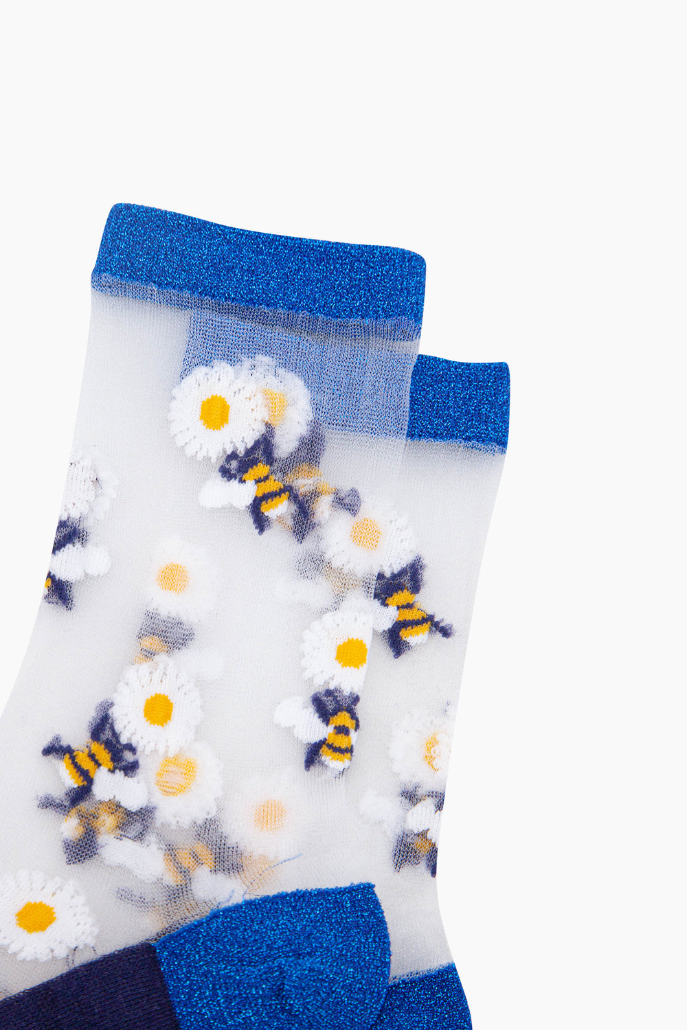 Bees-Flowers-Combed-Cotton-Sheer-Pop-Socks-in-Blue-Closeup