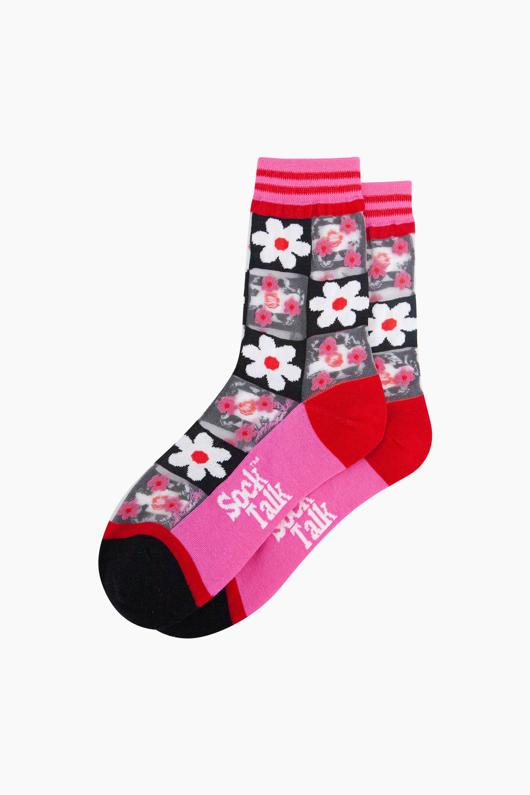Daisy-Checkerboard-Combed-Cotton-Sheer-Pop-Socks-in-Pink-Lying-Flat