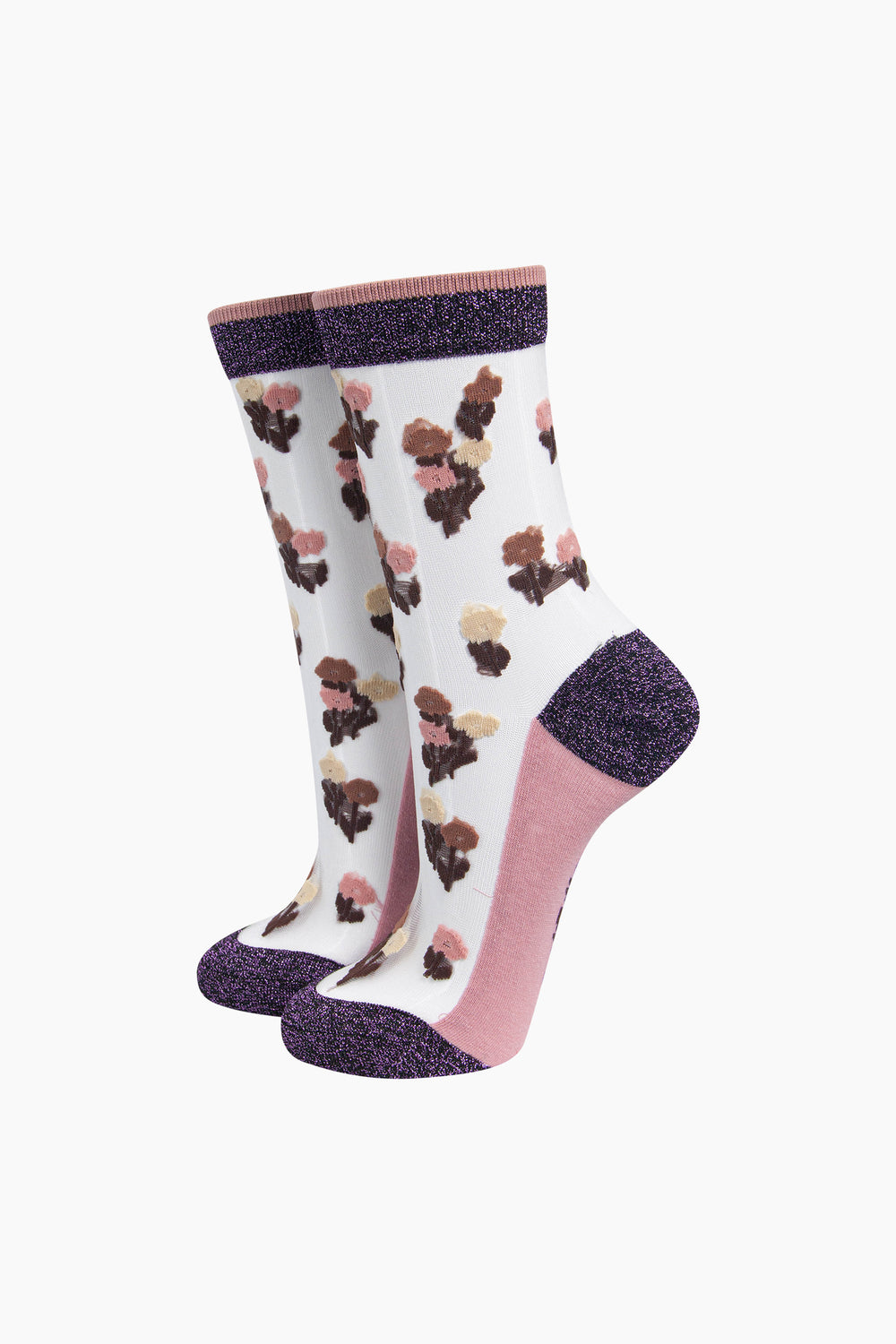 Floral-Sheer-Socks-in-Purple/Pink-On-Mannequin