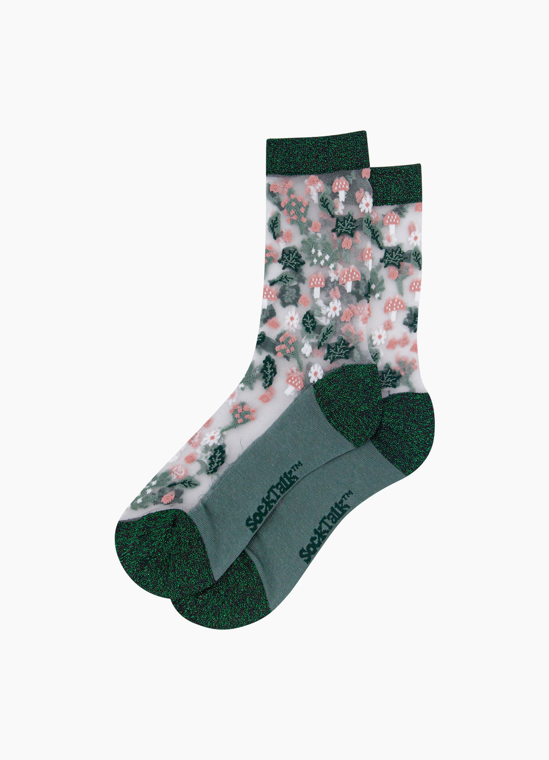 Floral-Sheer-Socks-in-Forest-Green-Laid-Flat