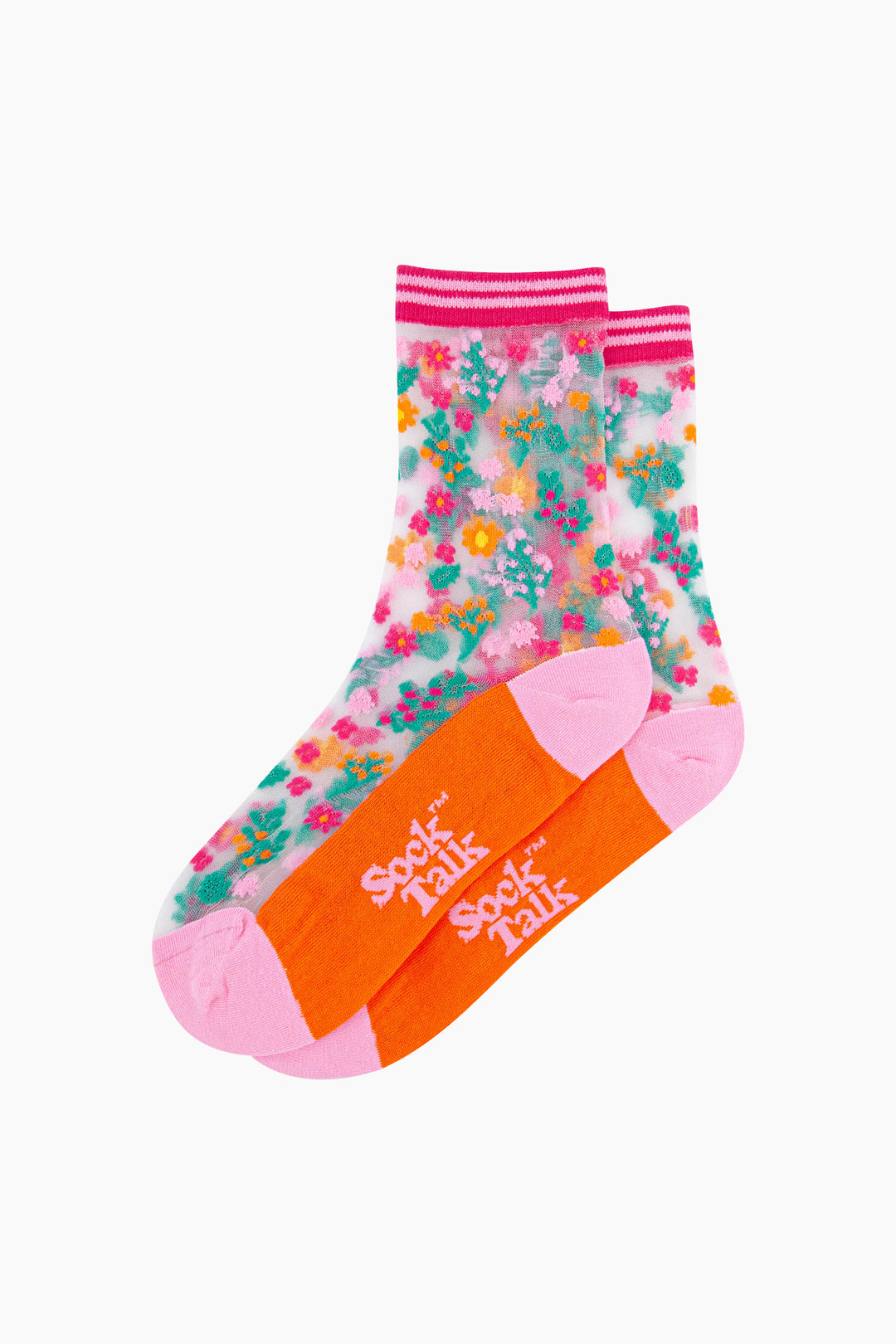 Ditsy-Floral-Combed-Cotton-Sheer-Pop-Socks-in-Orange-Lying-Flat