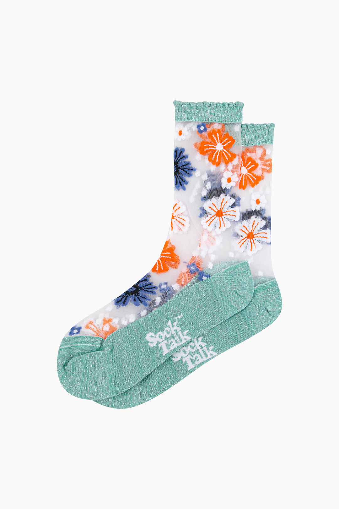 Bold-Floral-Combed-Cotton-Sheer-Pop-Socks-in-Sage-Green-Lying-Flat