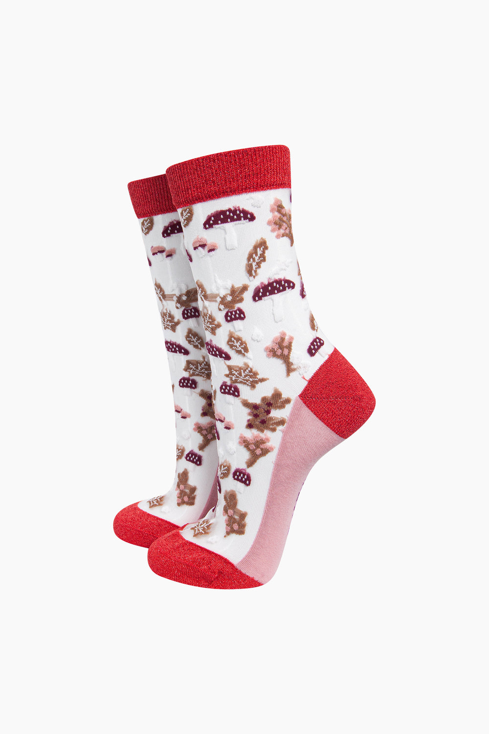 Toadstool-Floral-Sheer-Socks-in-Red-On-Mannequin