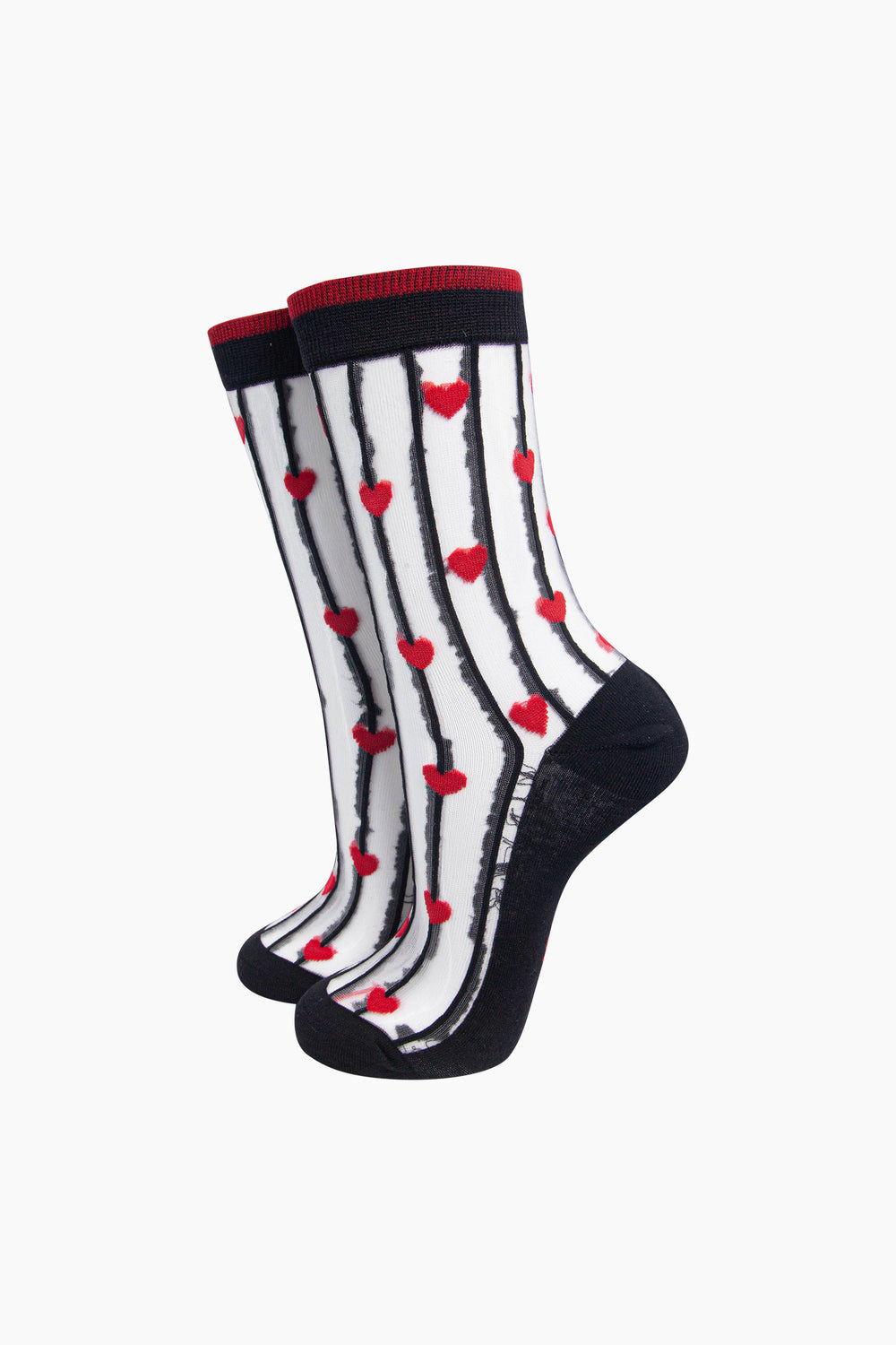 Stripe-&-Heart-Sheer-Socks-in-Black/Red-On-Mannequin