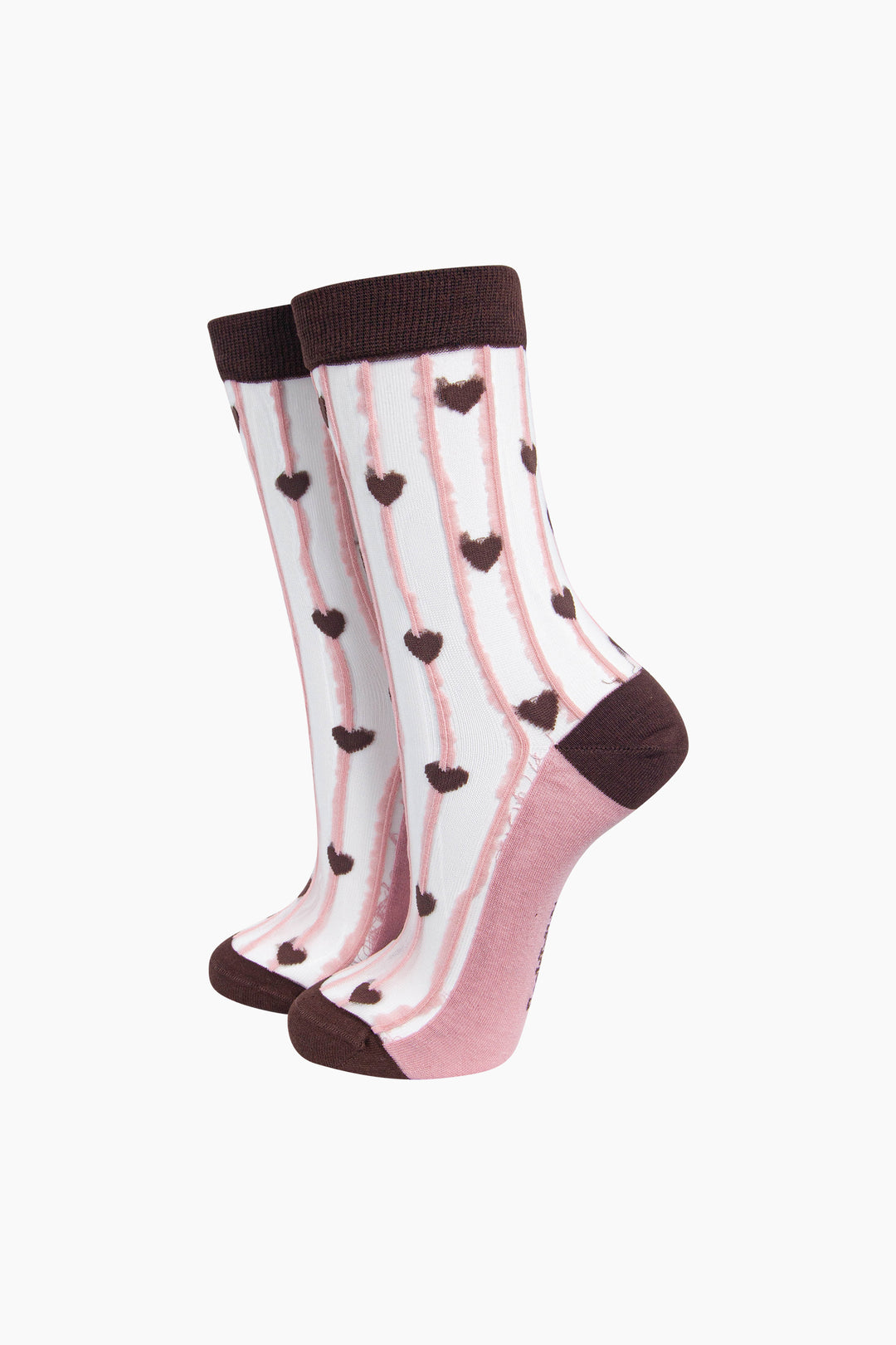Stripe & Heart Sheer Socks in Brown/Soft Pink