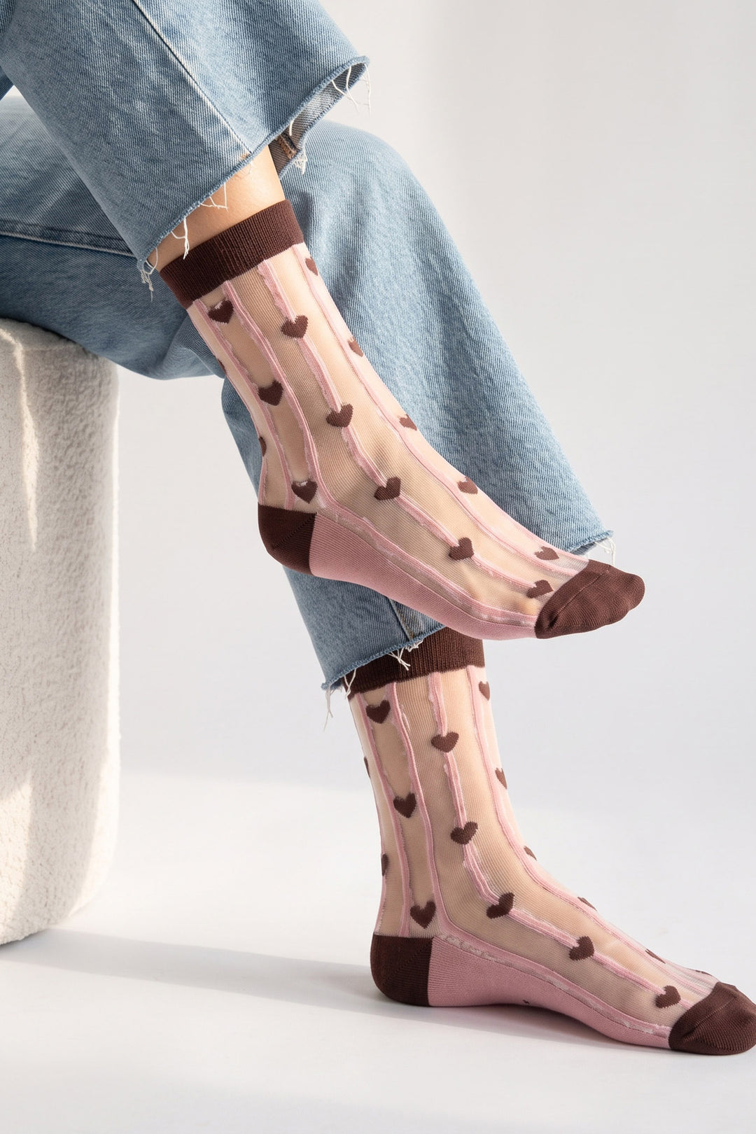 Stripe-&-Heart-Sheer-Socks-in-Brown/Soft-Pink